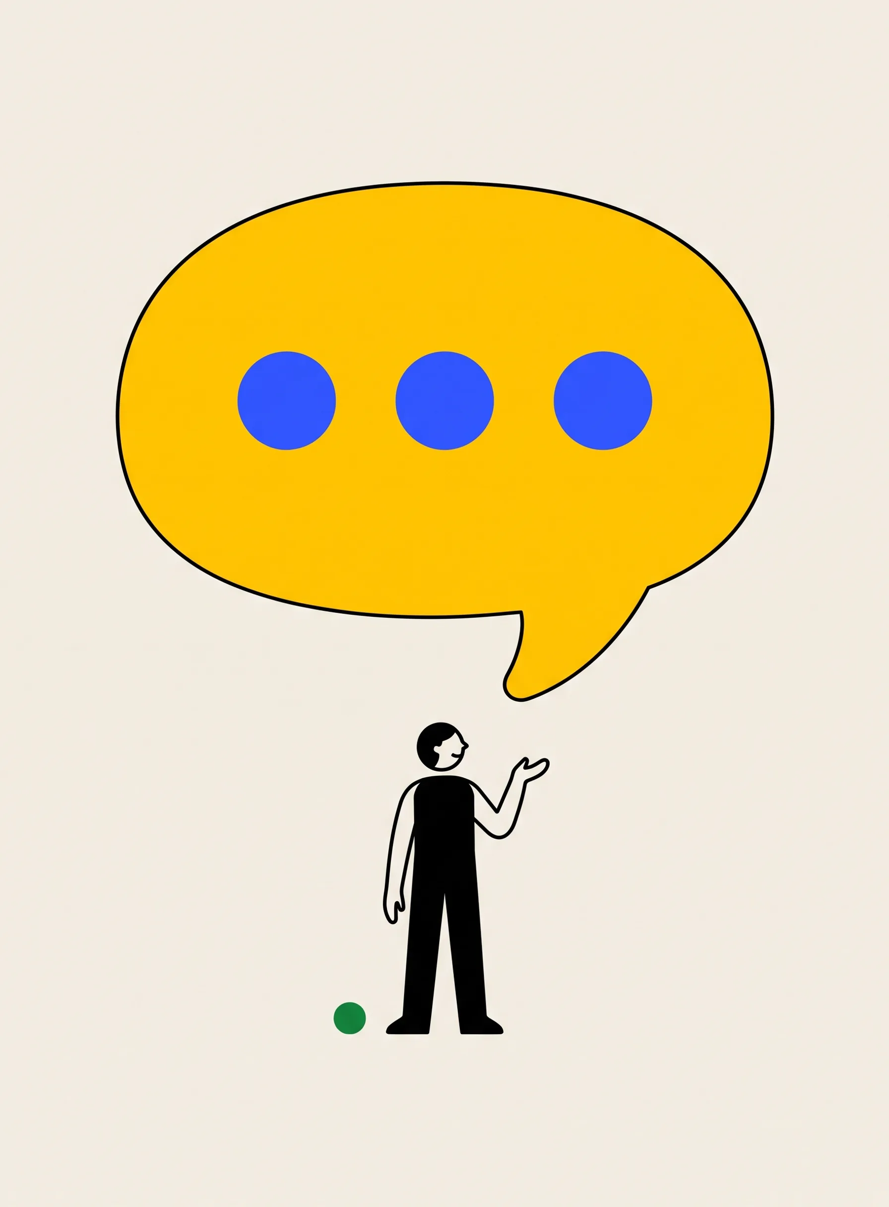 Illustration of a large yellow speech bubble containing three cobalt blue dots, floating above a small black figure with one hand calmly raised