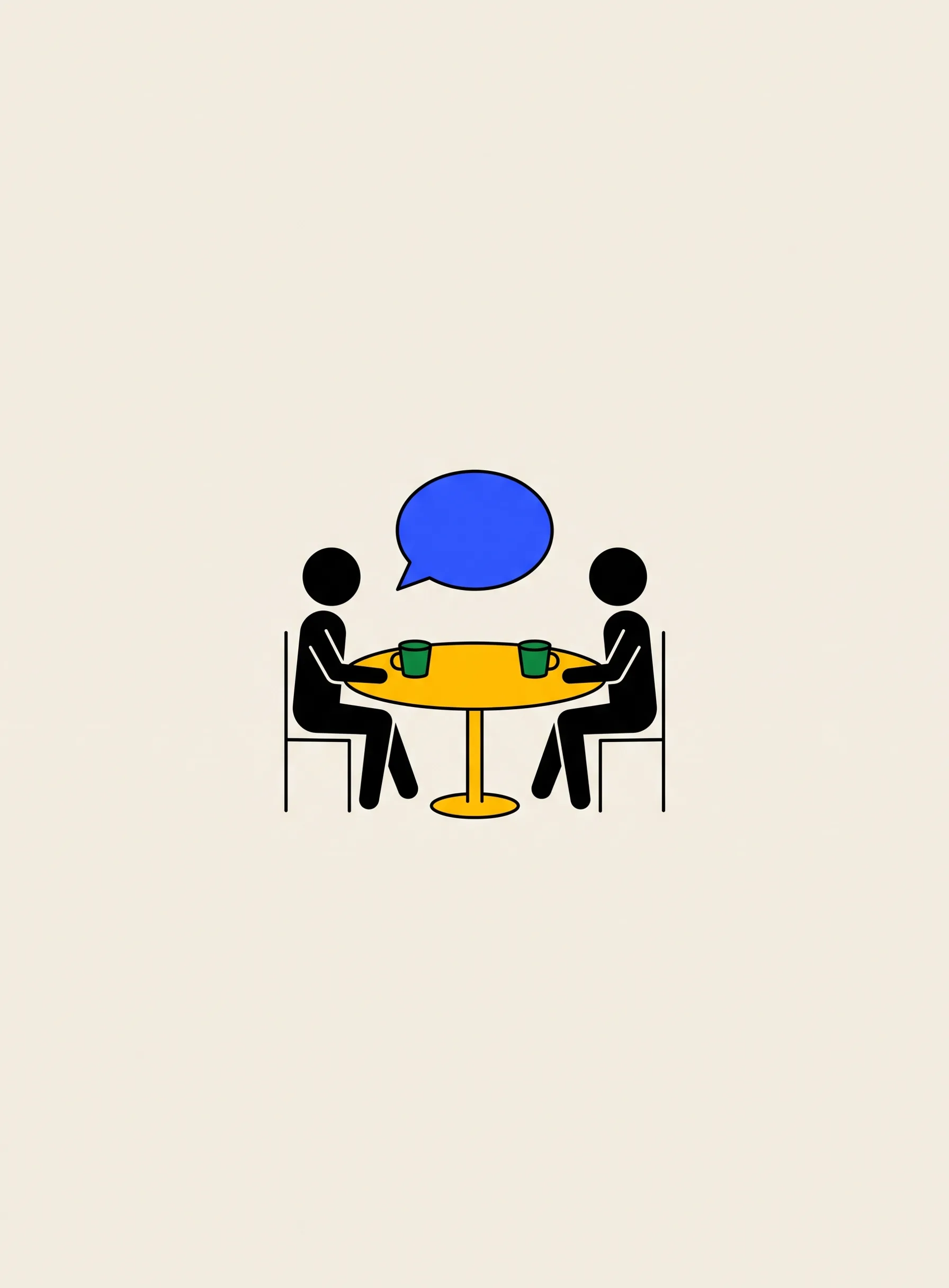 Illustration of two small black figures sitting at a round yellow table with a green cup each and one cobalt blue speech bubble floating between them
