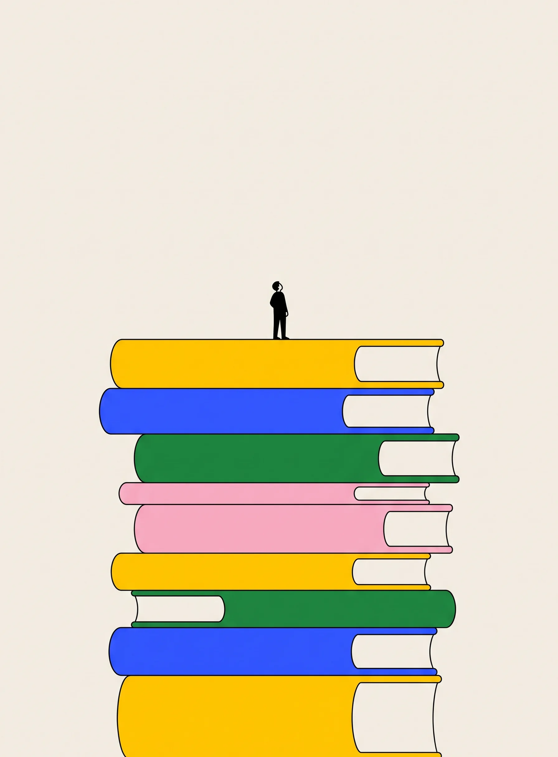 Illustration of a tall stack of flat books in yellow, blue, green and pink with a tiny black figure standing on top looking upward