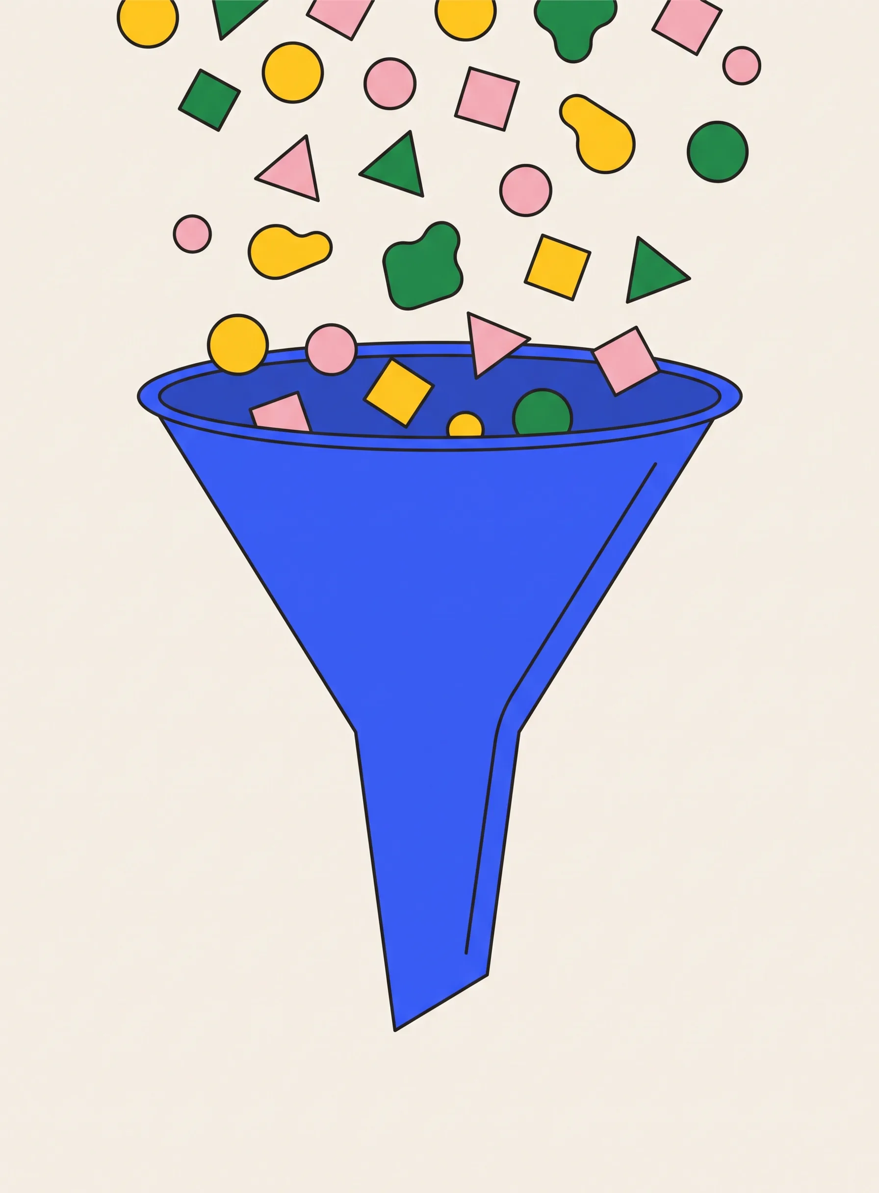Illustration of a large cobalt blue funnel with small flat yellow, pink and green shapes falling into its mouth