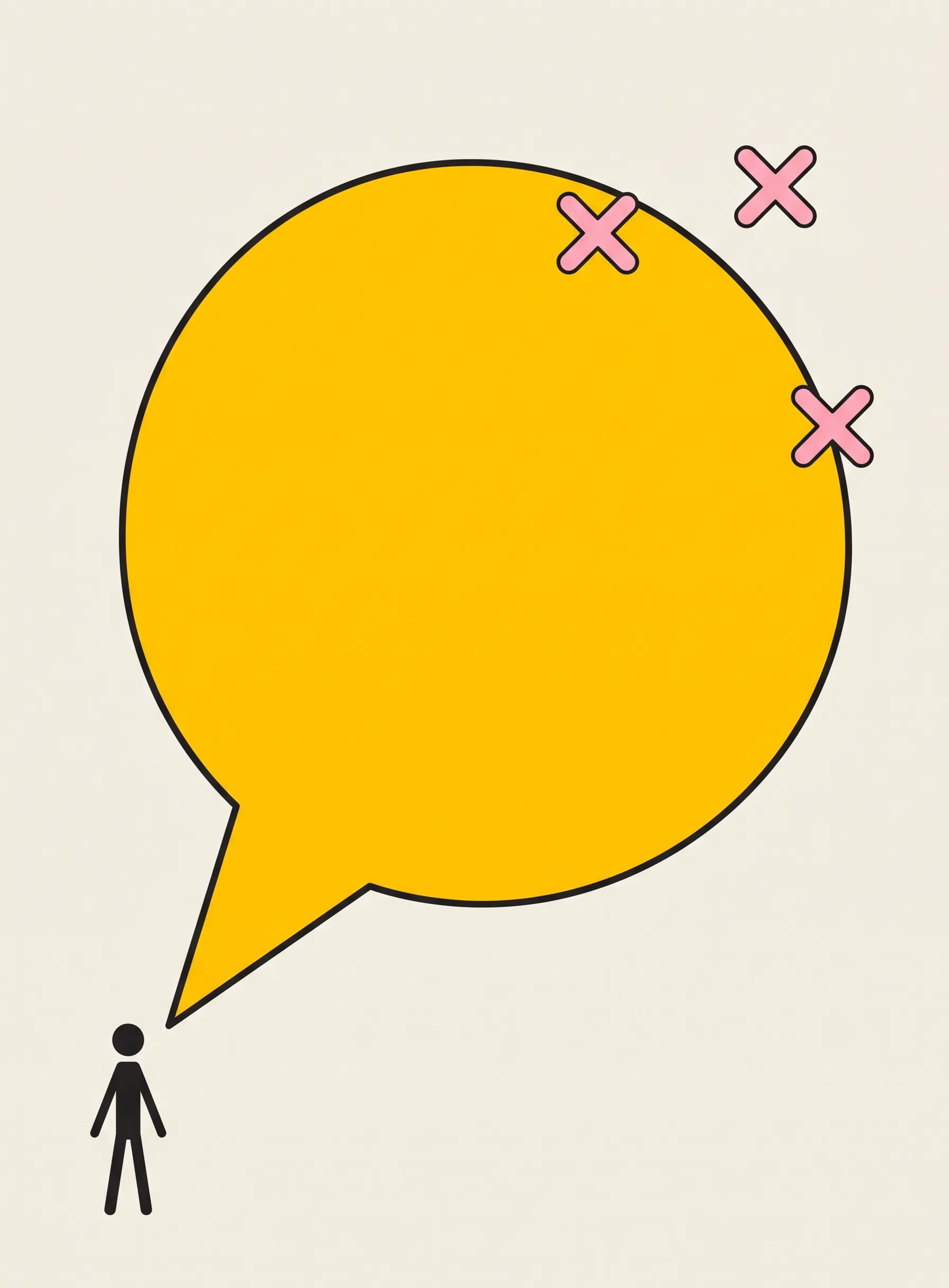Illustration of a tiny black figure with a large yellow speech bubble expanding upward and three small pink cross marks floating near its edge