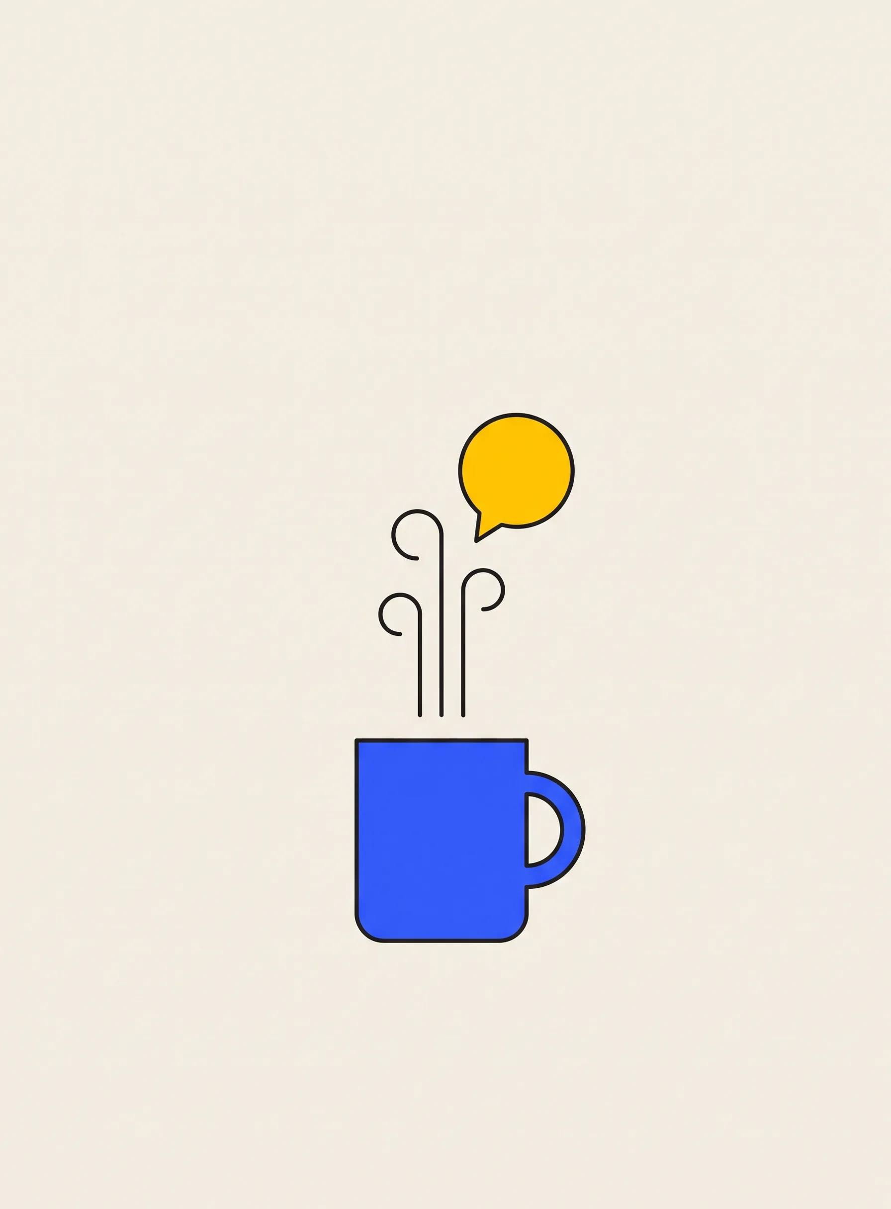 Illustration of a flat cobalt blue mug with three thin black curls of steam and a small yellow speech bubble floating above it