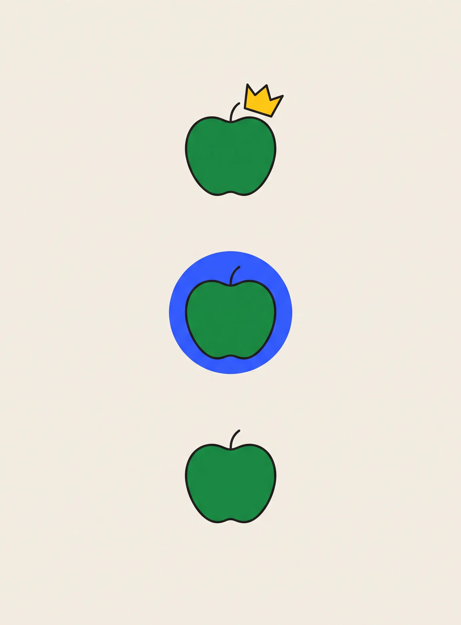 Illustration of three green apples in a column, the top one wearing a small yellow crown, the middle one against a flat cobalt blue circle, the bottom one plain