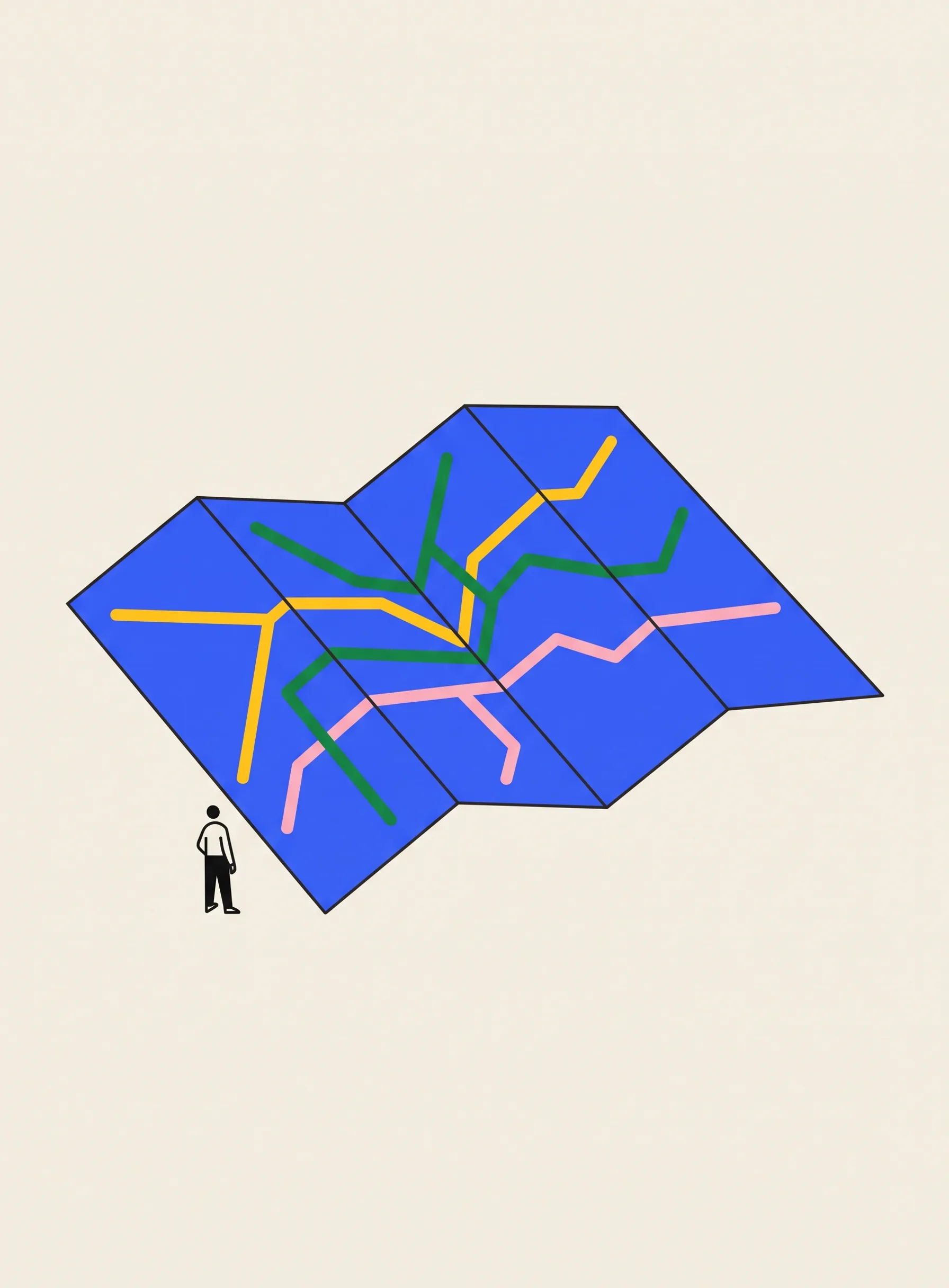 Illustration of an unfolded cobalt blue paper map with yellow, green and pink route lines drawn across it and a tiny black figure standing beside one corner