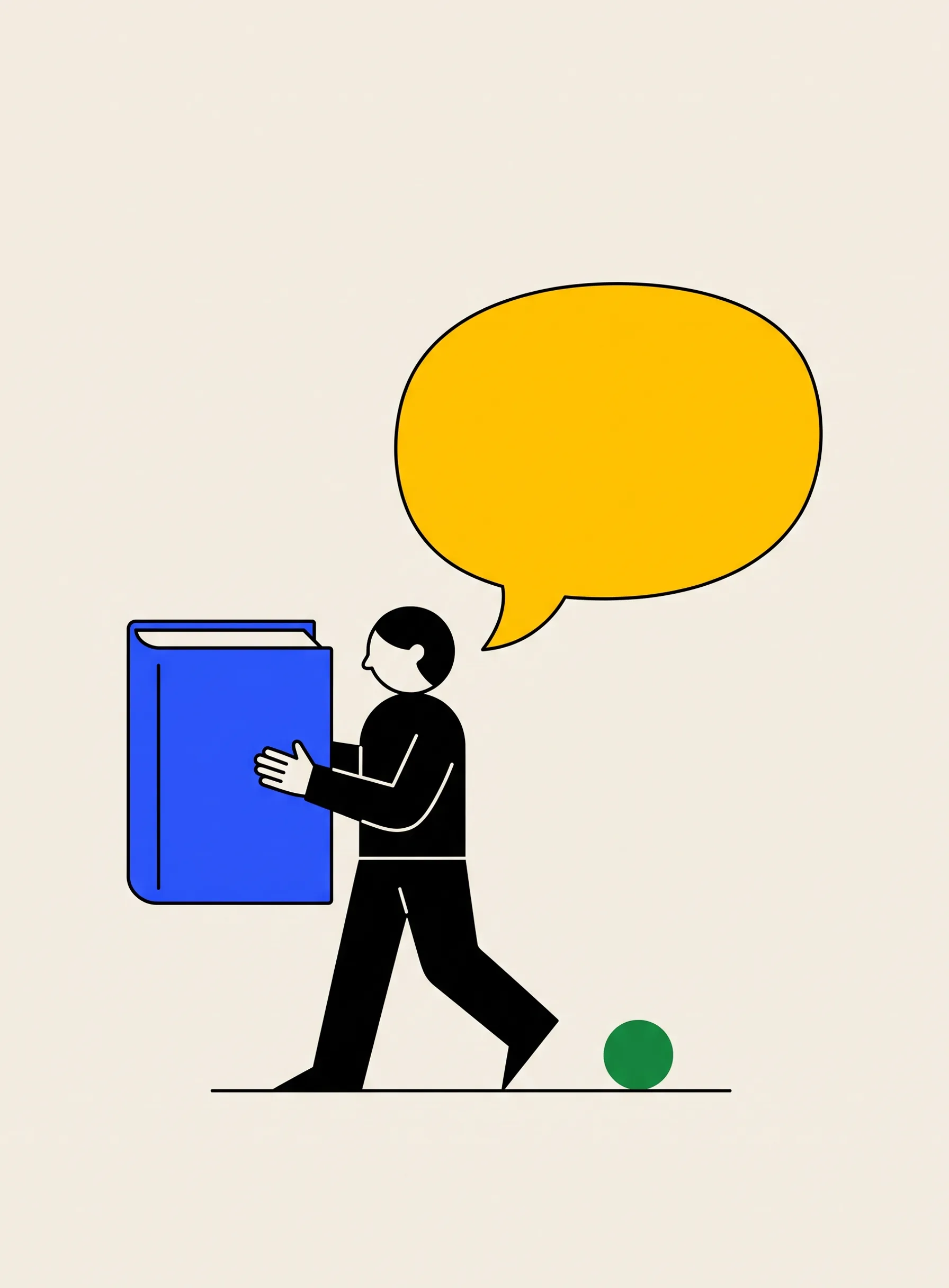 Illustration of a small black figure closing a thick cobalt blue book and stepping toward a large yellow speech bubble