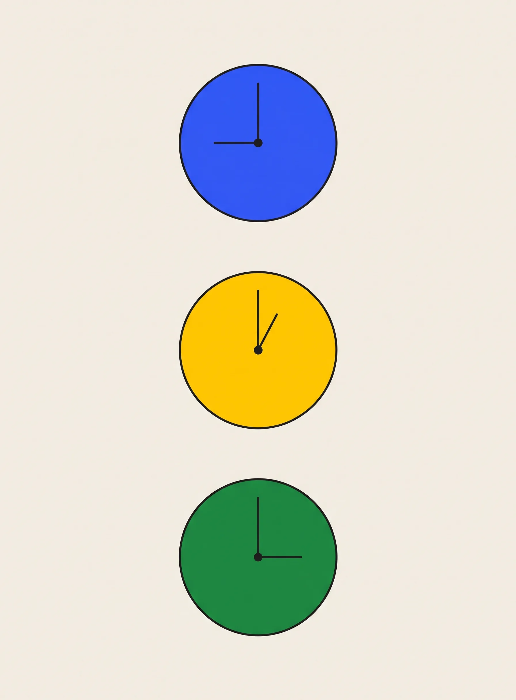 Illustration of three clock faces stacked vertically in cobalt blue, yellow and green, with hands pointing left, up and right