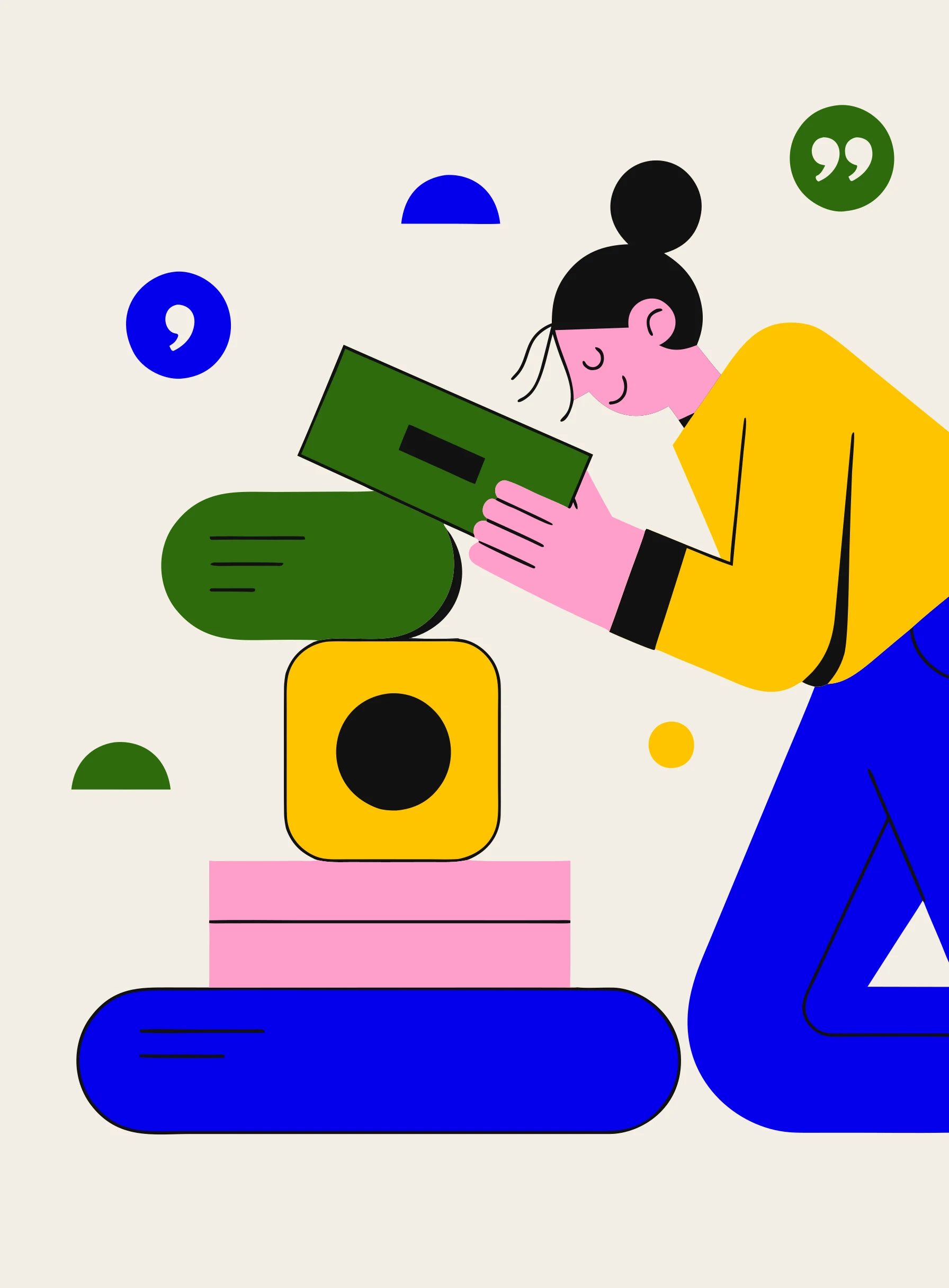 Ilustración de bloques de construcción apilándose para formar la estructura de una frase mientras una persona amable coloca el bloque superior, con pequeños símbolos gramaticales flotando alrededor