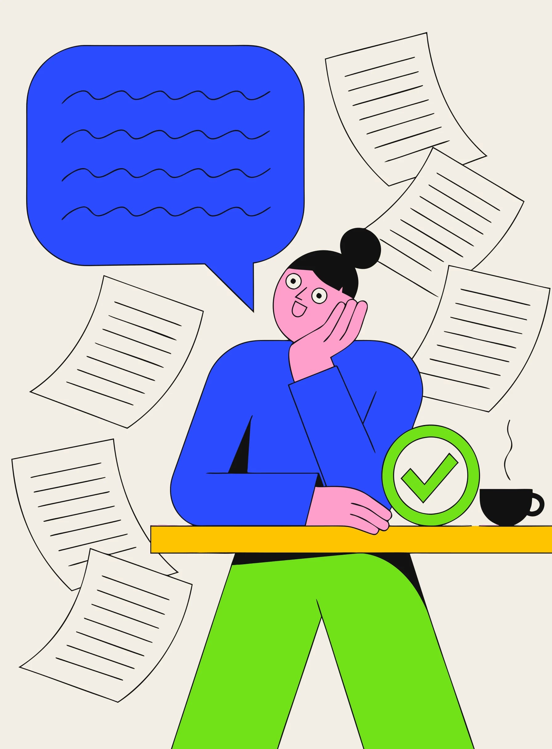 Ilustración de una persona hablando con seguridad con un bocadillo grande mientras a su espalda caen hojas con reglas de gramática, con una insignia verde de verificación y una taza de café