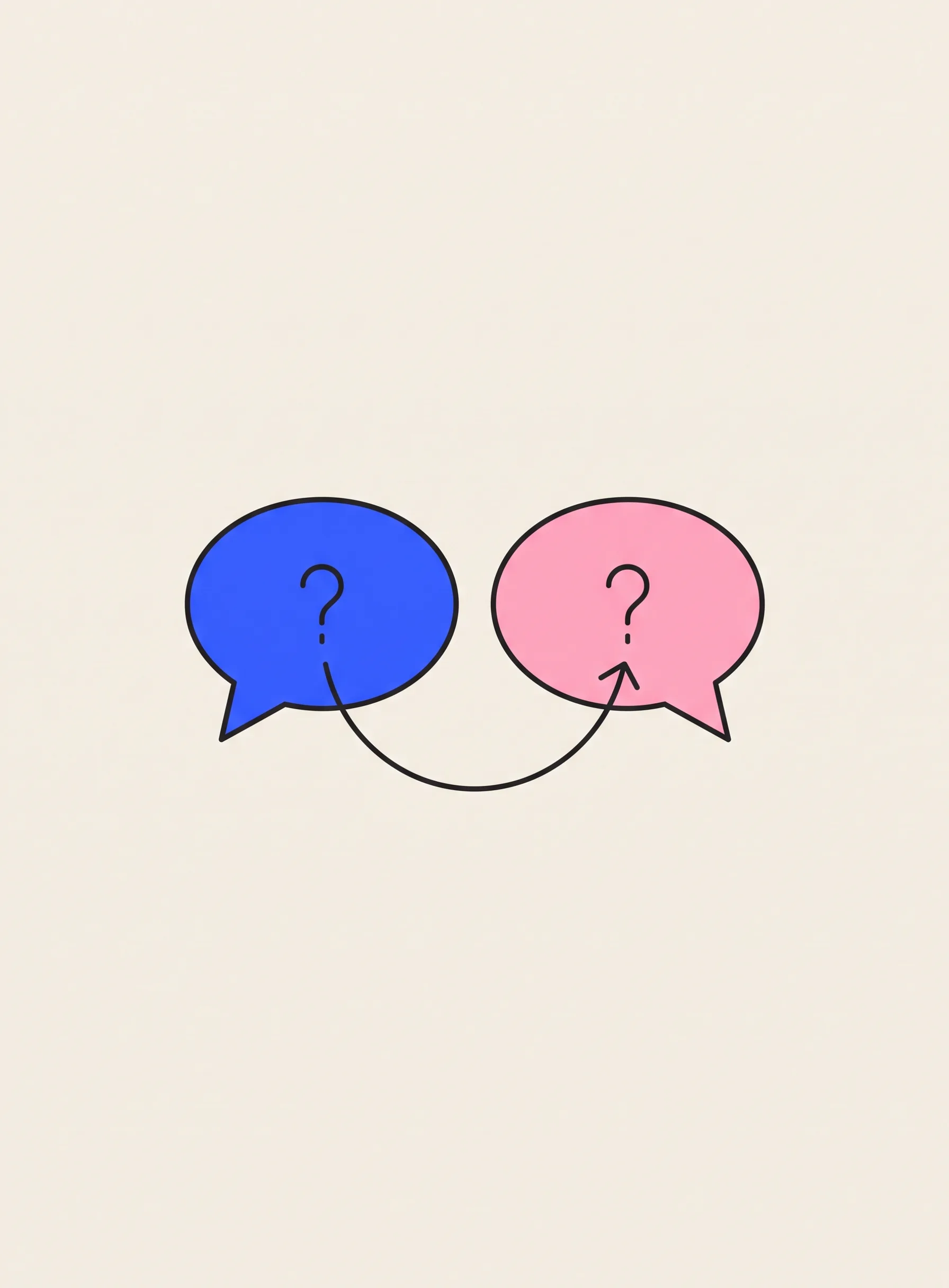 Illustration of a blue speech bubble and a pink speech bubble facing each other, each containing a small black question mark, with a thin black arrow looping from the left bubble to the right