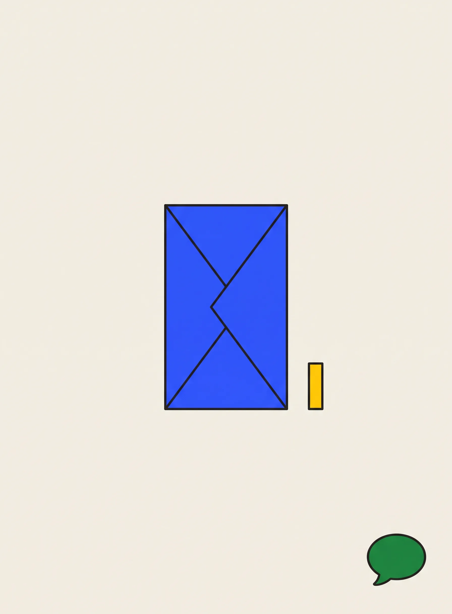 Illustration of a cobalt blue envelope standing upright with a yellow text cursor bar beside it and a small green chat bubble in the lower corner