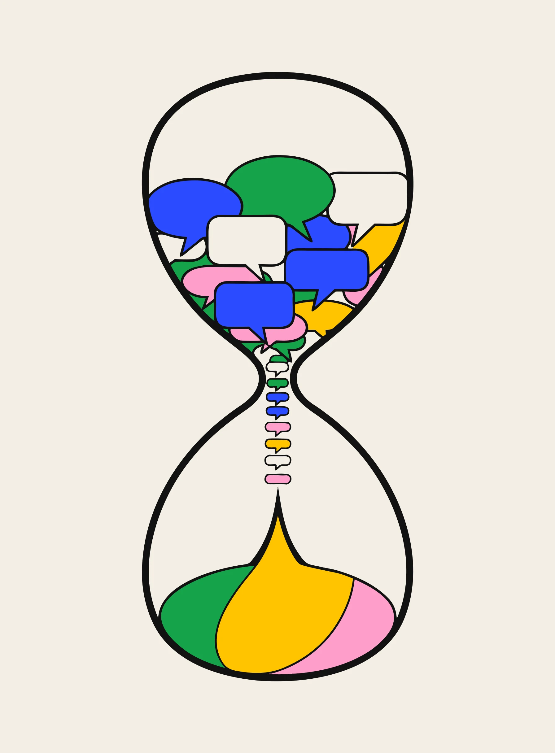 시간이 대화로 바뀌는 것을 상징하며, 알록달록한 말풍선이 모래시계 속을 흘러 지나가는 일러스트