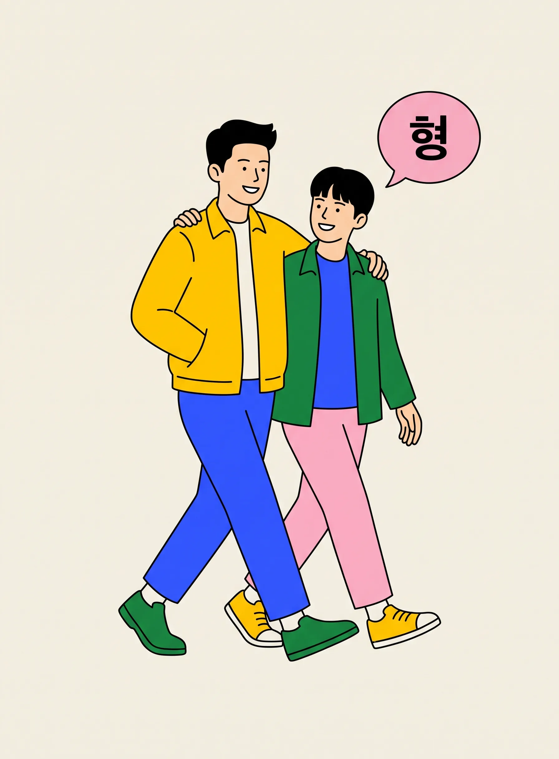 나란히 걷는 두 청년의 일러스트. 형이 동생의 어깨에 팔을 두르고 있고, 위에 형이라고 적힌 말풍선이 떠 있다