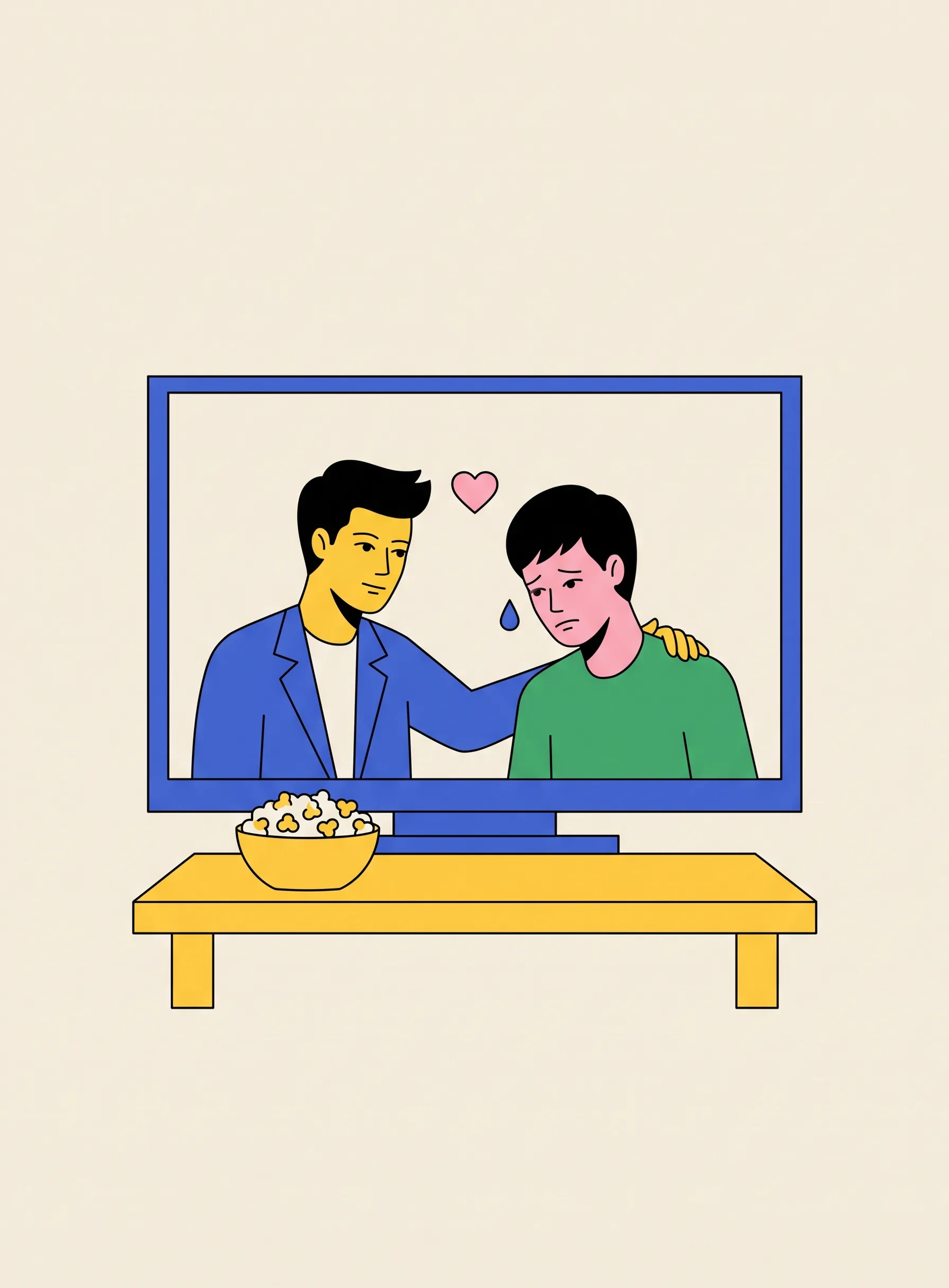 두 청년이 극적인 장면에 나오는 TV 화면의 일러스트. 한 명이 다른 이의 어깨에 손을 얹고 있고 작은 하트와 눈물이 떠 있으며 앞에 팝콘 그릇이 있다