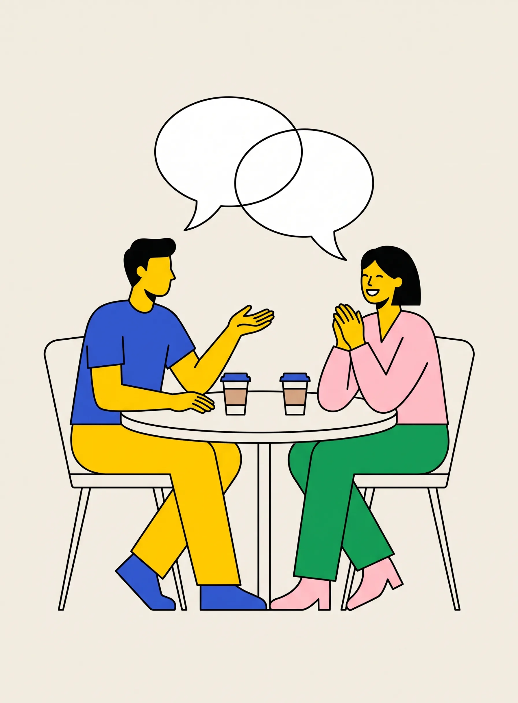 카페 테이블에 앉은 두 사람의 일러스트. 한 사람은 몸을 기울여 말하고 있고 다른 사람은 웃으며 듣고 있으며 위에 빈 말풍선 두 개가 떠 있다