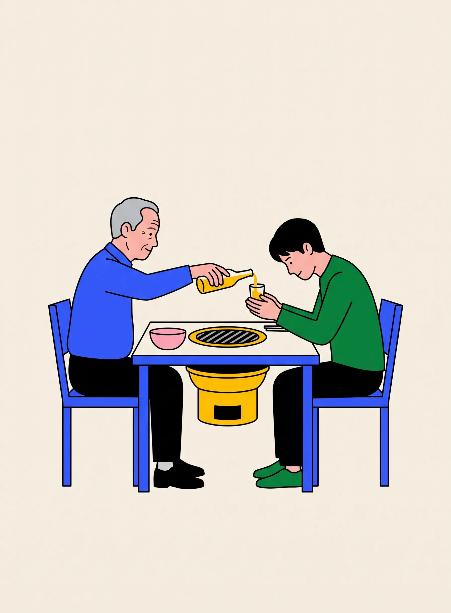불판이 있는 식당 테이블에 마주 앉은 두 남자의 일러스트. 형이 술을 따라 주고 동생이 두 손으로 잔을 받고 있다