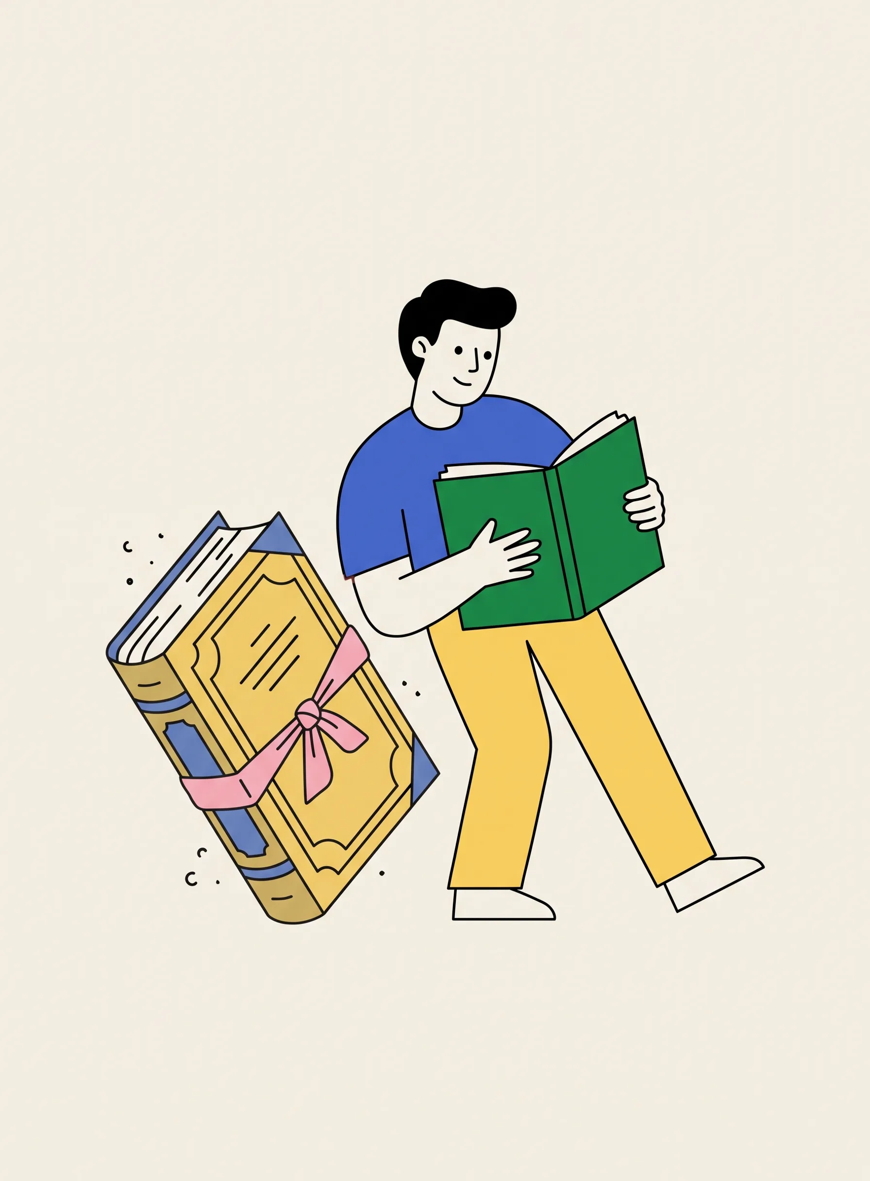 분홍 리본으로 묶인 무겁고 화려한 낡은 책을 밀어내고, 평범한 초록색 노트를 가슴에 끌어안은 사람 일러스트