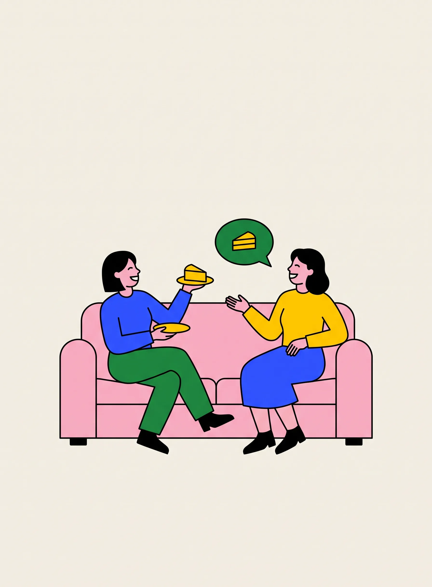 분홍색 소파에 앉아 이야기하는 두 친구, 한 명이 케이크 한 조각을 들고 있고 사이에 작은 케이크가 그려진 초록 말풍선이 떠 있는 일러스트