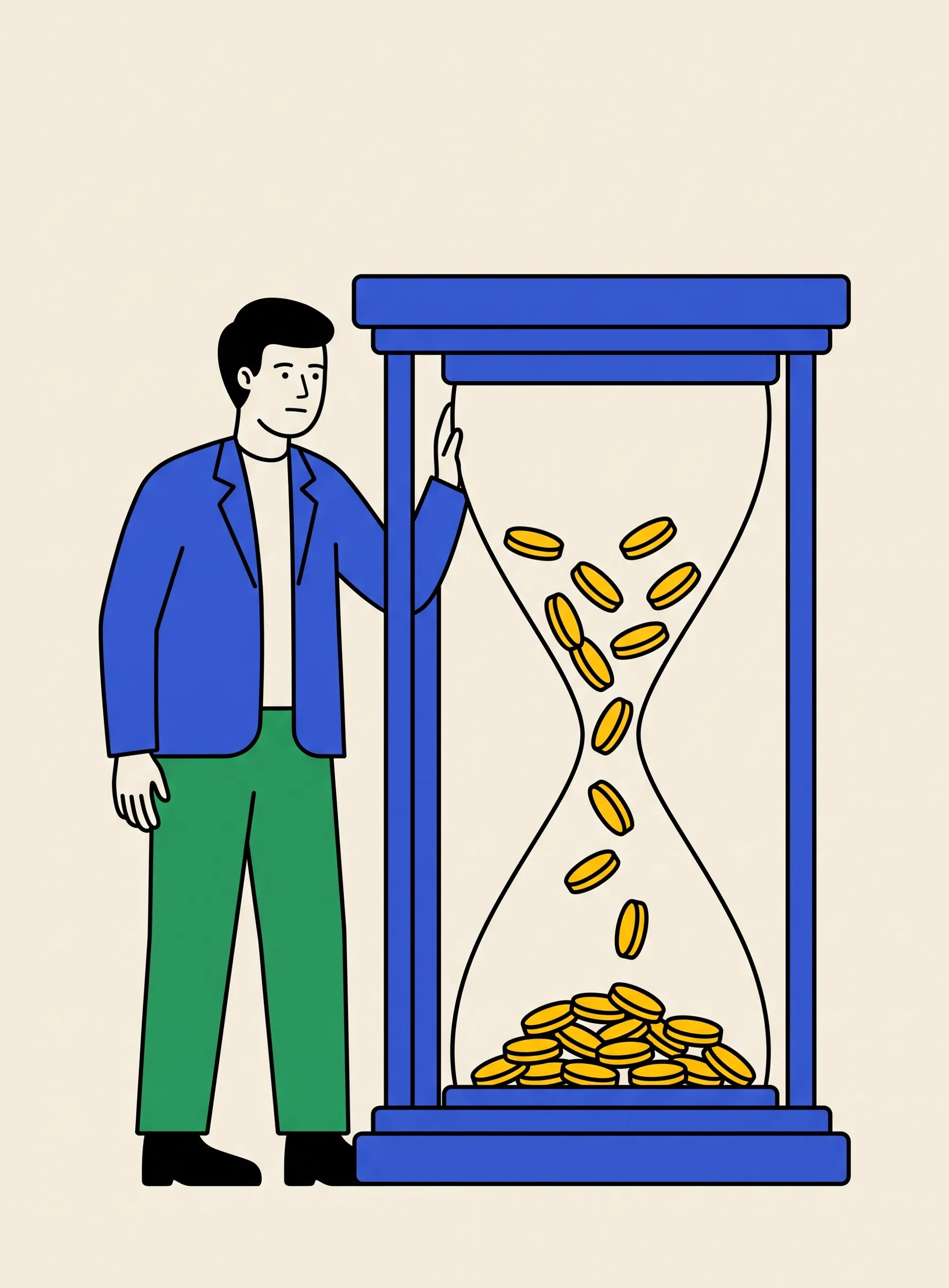 커다란 파란 모래시계 옆에 선 사람, 모래 대신 작은 노란 동전들이 떨어지고 있는 일러스트