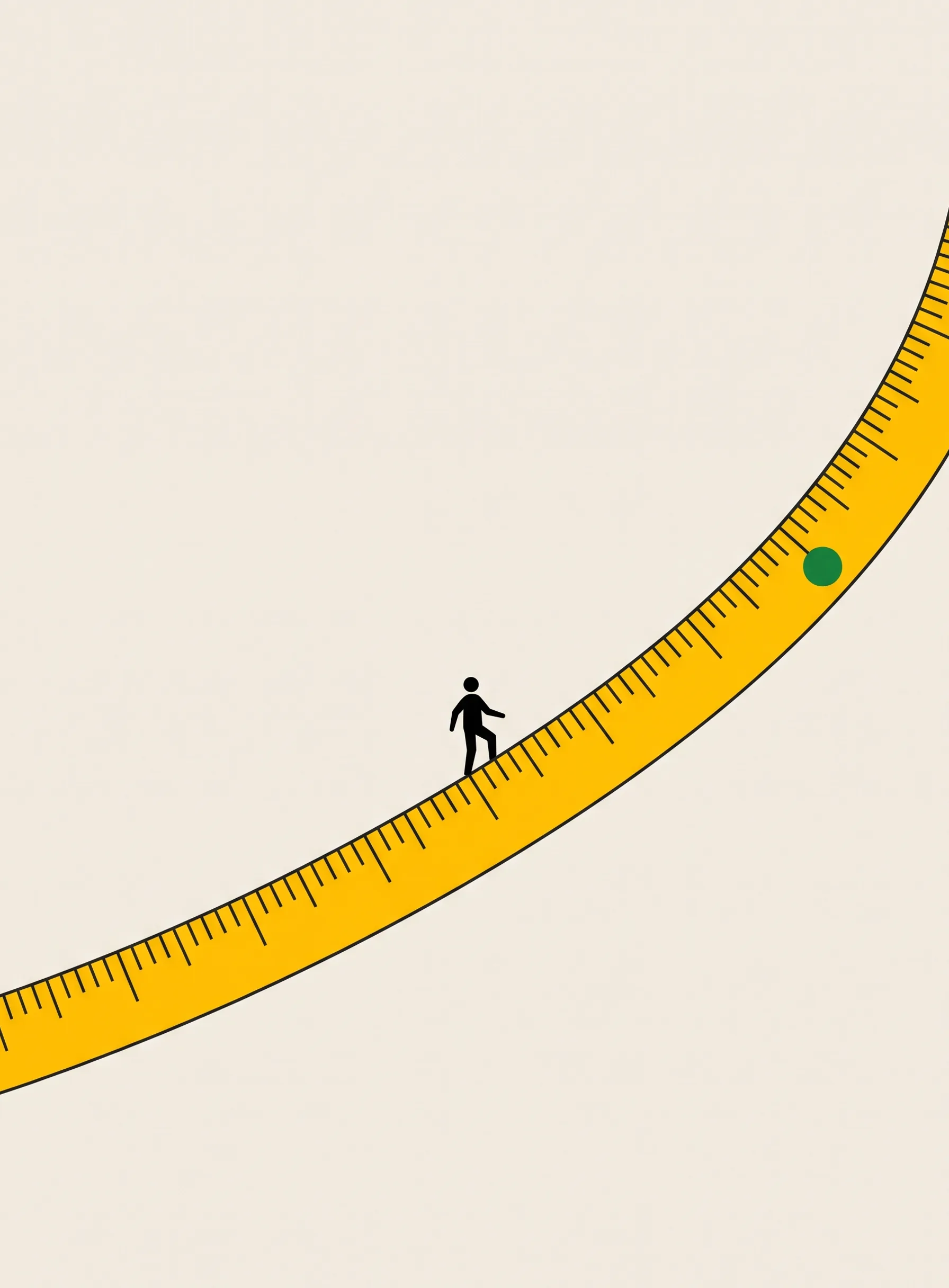 Illustration of a yellow measuring tape curving upward in an arc with black tick marks, a tiny black figure standing on it and a small green circle marking a point further along