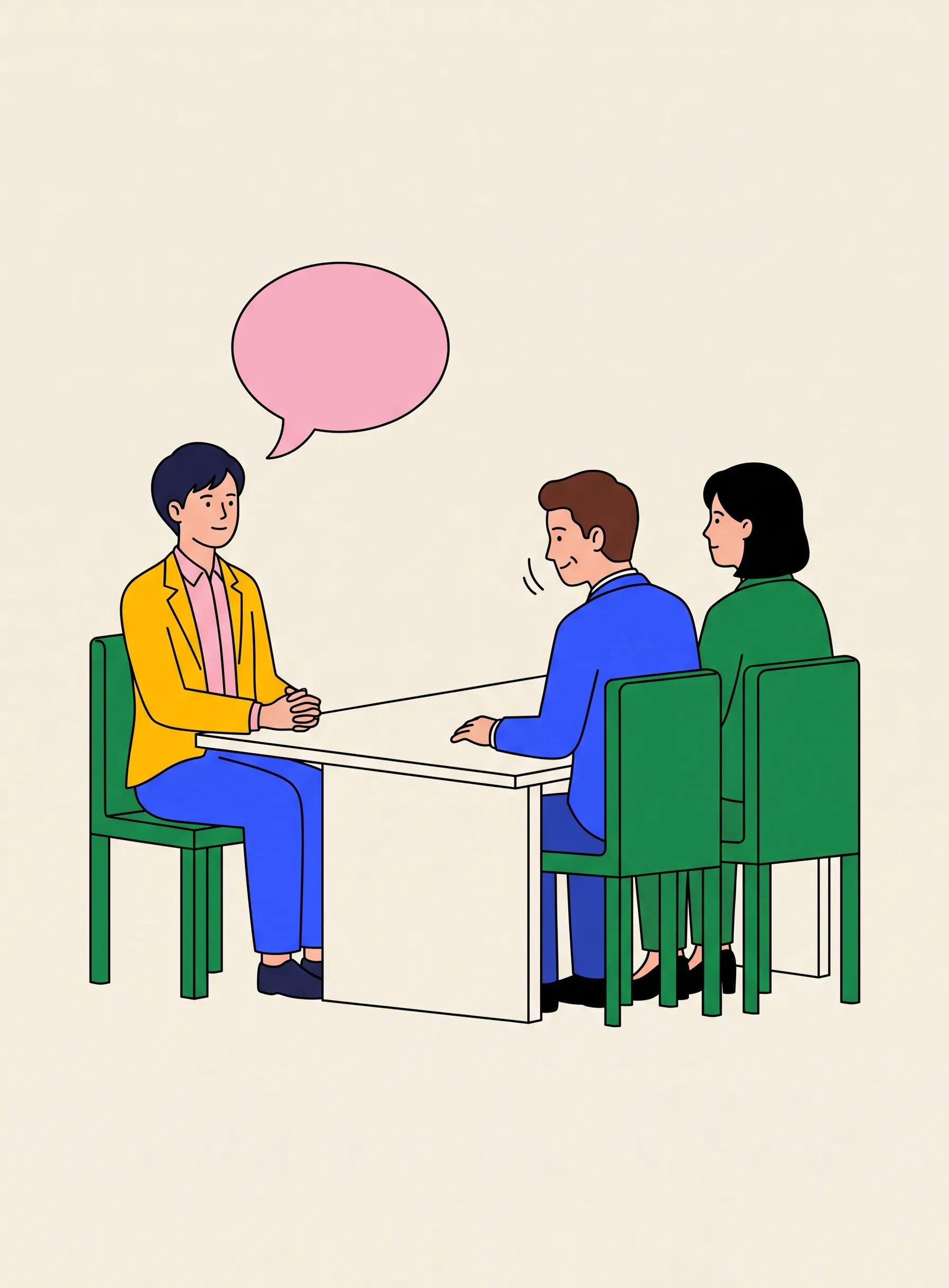 Ilustração de um candidato sentado com calma diante de dois entrevistadores do outro lado da mesa, um deles assentindo, com um único balão de fala vazio acima do candidato