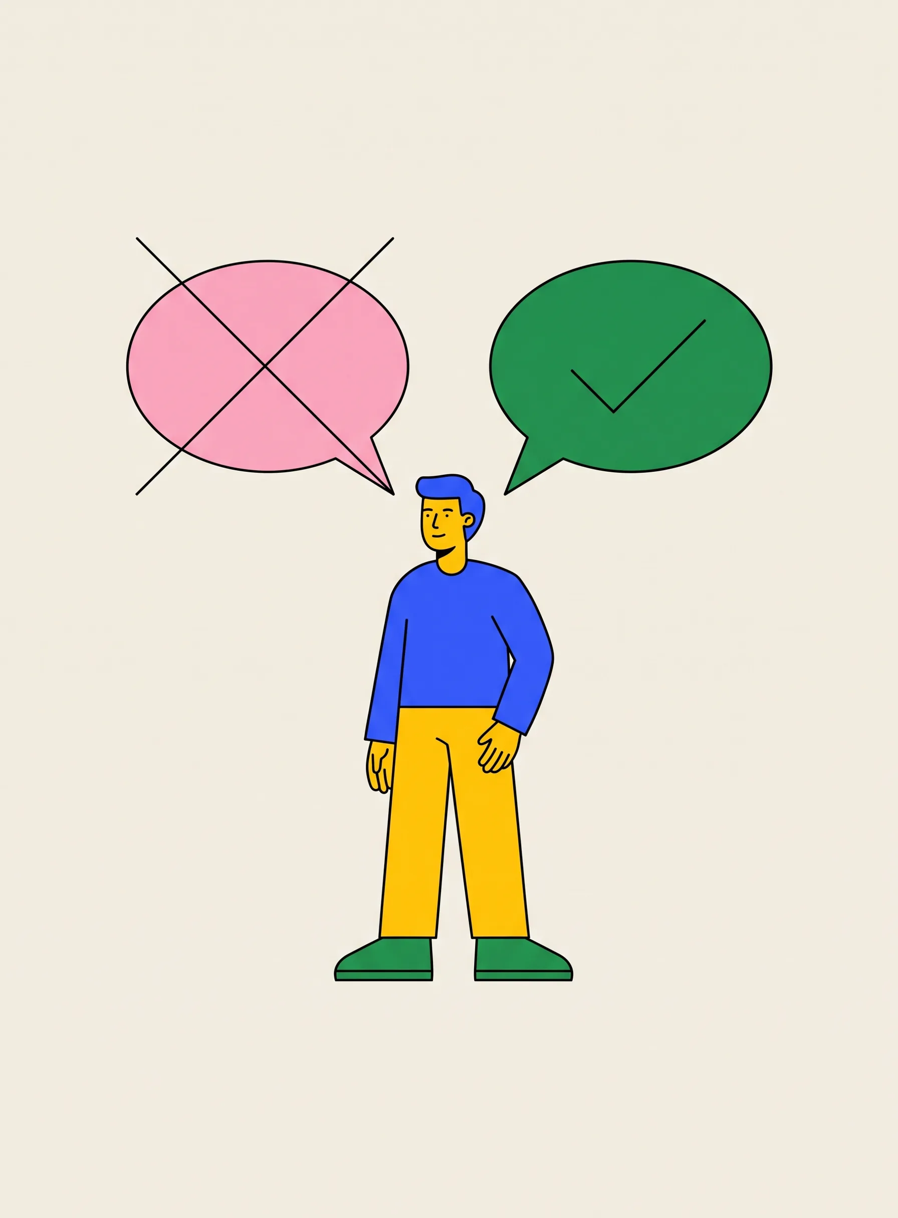 Ilustração de uma pessoa em pé com dois balões de fala acima da cabeça, o rosa à esquerda riscado e o verde à direita com um sinal de certo