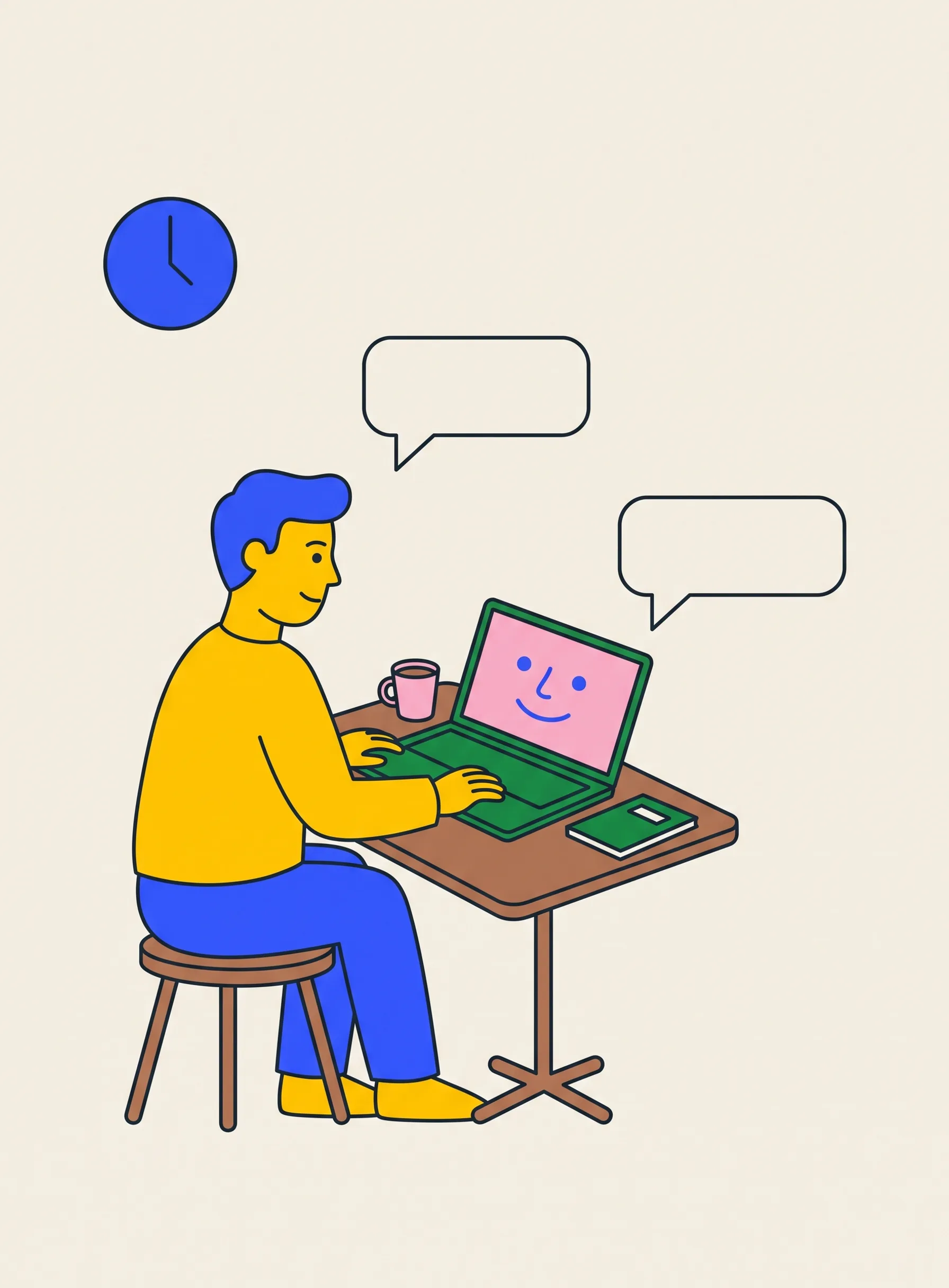 Ilustração de uma pessoa numa mesa pequena fazendo uma entrevista simulada por videochamada no laptop com um rosto simpático na tela, uma xícara de café e um caderno ao lado do laptop e um reloginho na parede