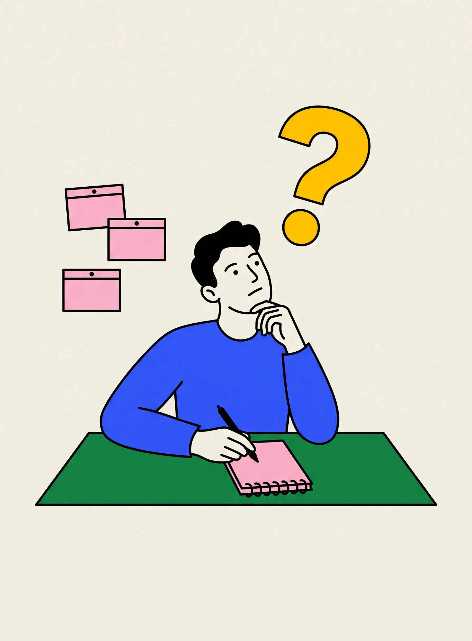 Ilustração de uma pessoa numa mesa segurando uma caneta sobre um caderno e olhando para cima, para um grande ponto de interrogação amarelo, com três fichas em branco presas na parede atrás