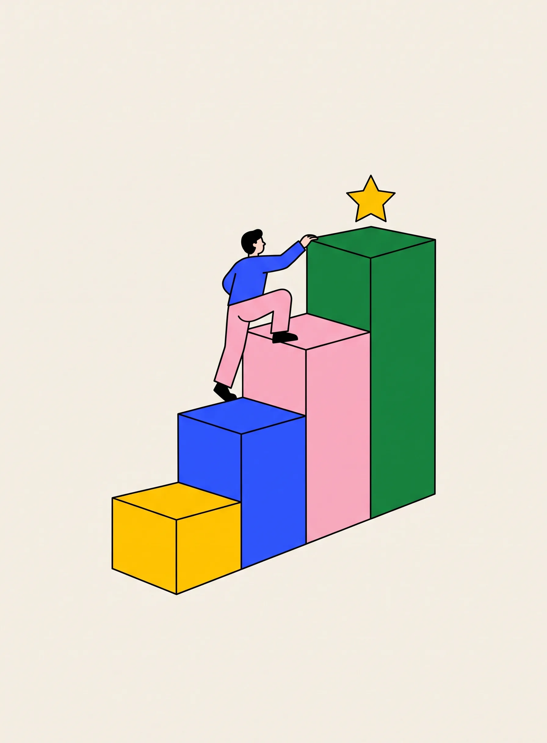 Ilustração de uma pessoa subindo quatro blocos em ordem crescente, em amarelo, azul, rosa e verde, estendendo a mão para o bloco do topo, que tem uma estrela
