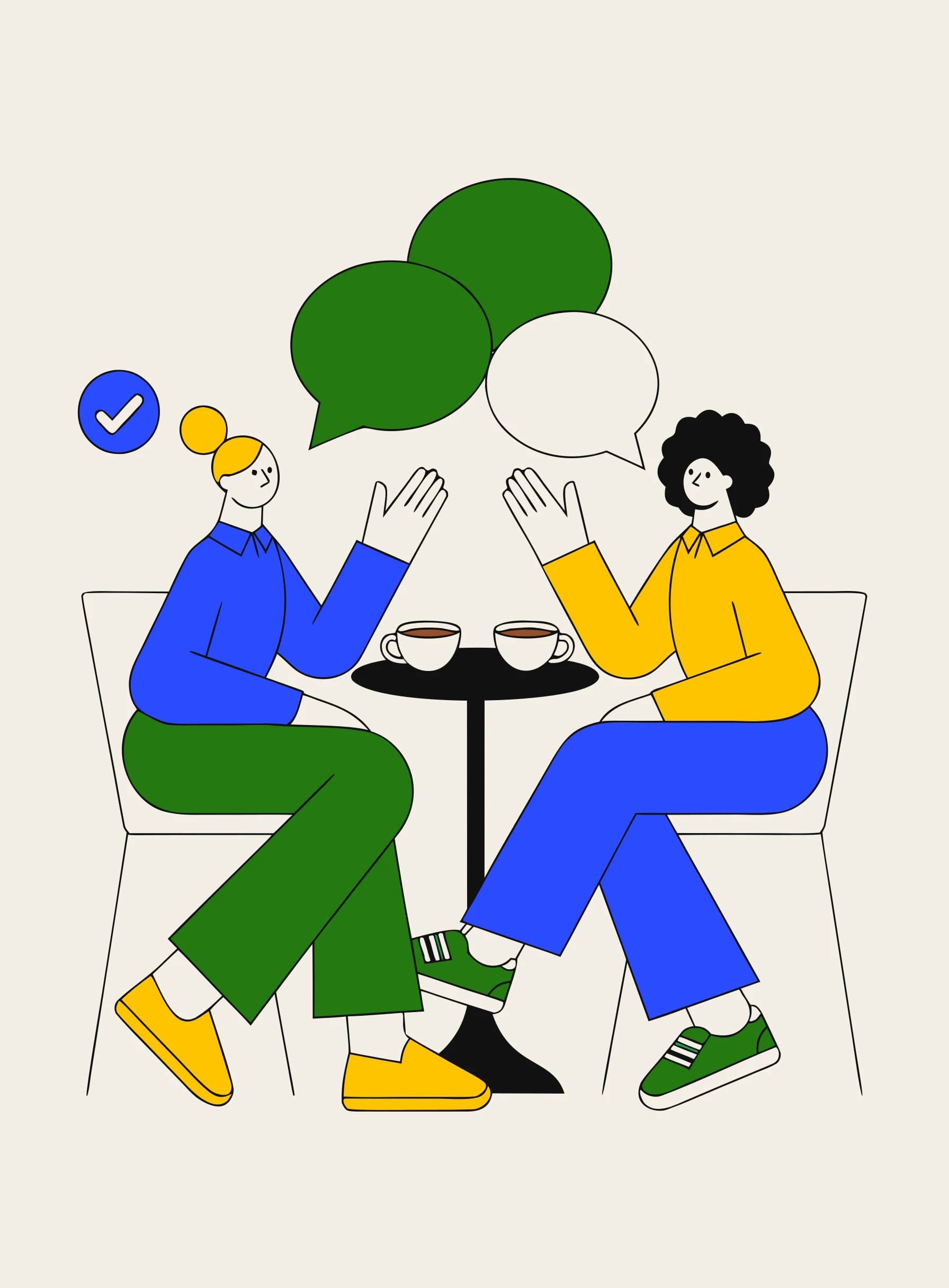 커피를 두고 만나 인사를 나누는 두 사람, 겹쳐진 말풍선과 작은 인증 체크 표시가 함께 있는 모습을 그린 일러스트