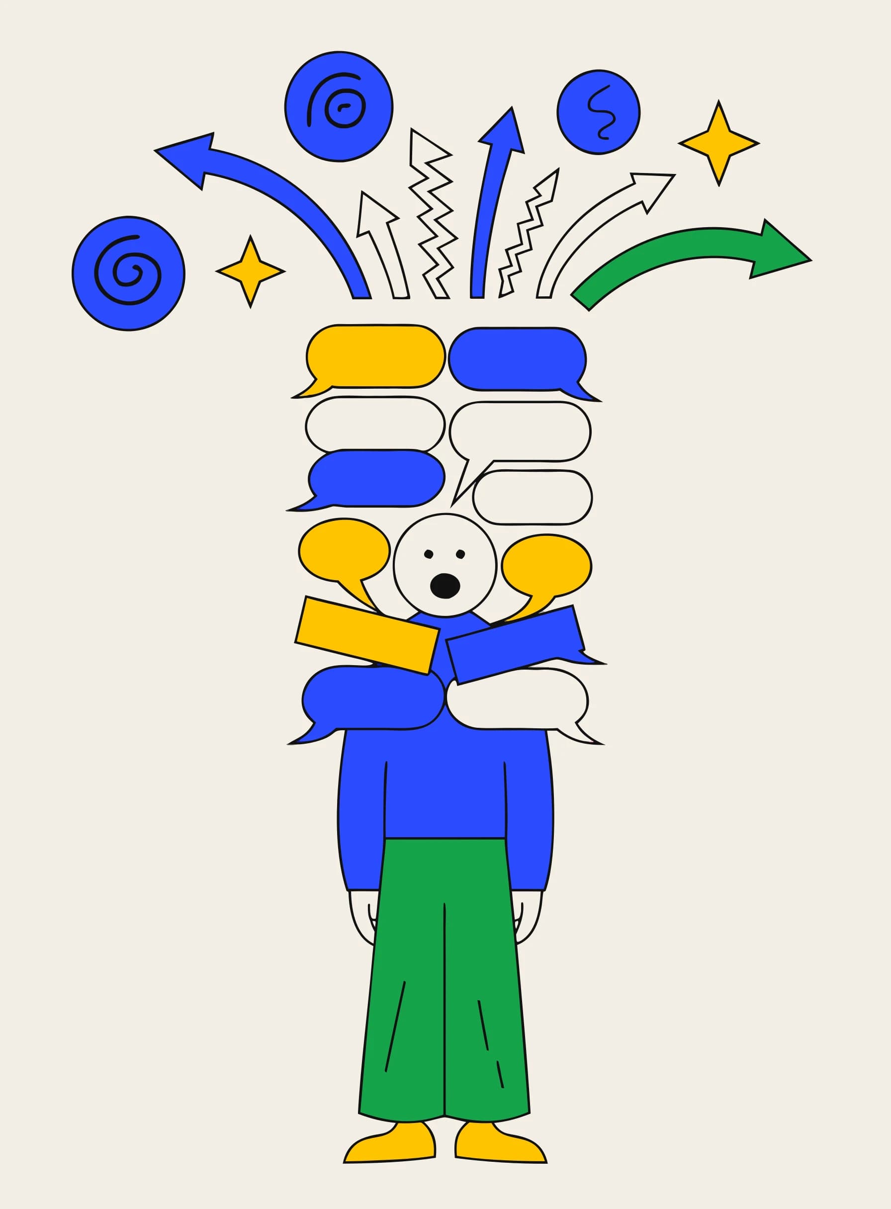 吹き出しでできた高い壁に向き合う人物のイラスト。考えは自由に流れ込んでくるのに、言葉は壁の向こうに閉じ込められている