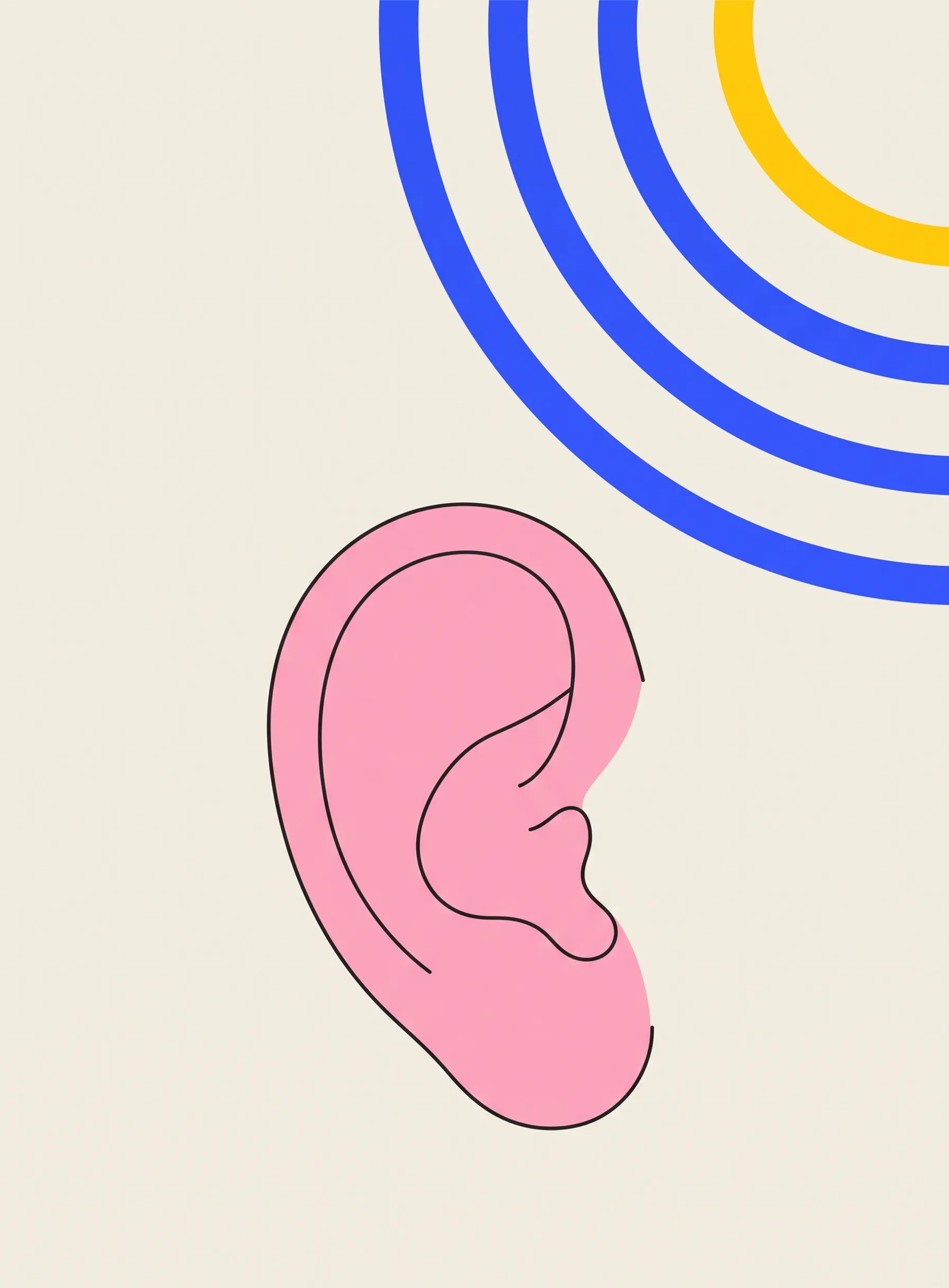 Illustration of a large soft pink human ear in black outline with three cobalt blue arcs and one yellow arc curving inward toward the ear opening