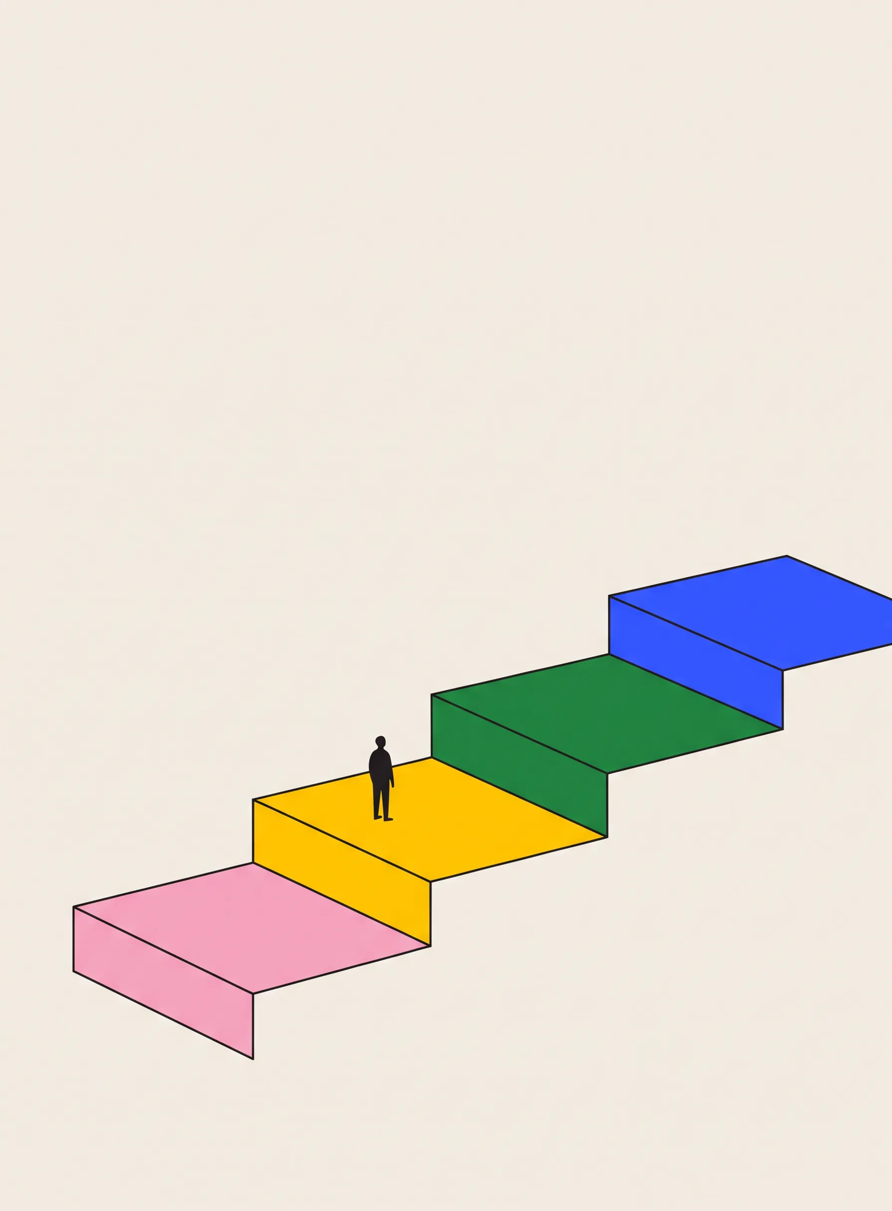 Illustration of a staircase of four flat blocks in pink, yellow, green and cobalt blue ascending to the right with a small black figure standing on the second step