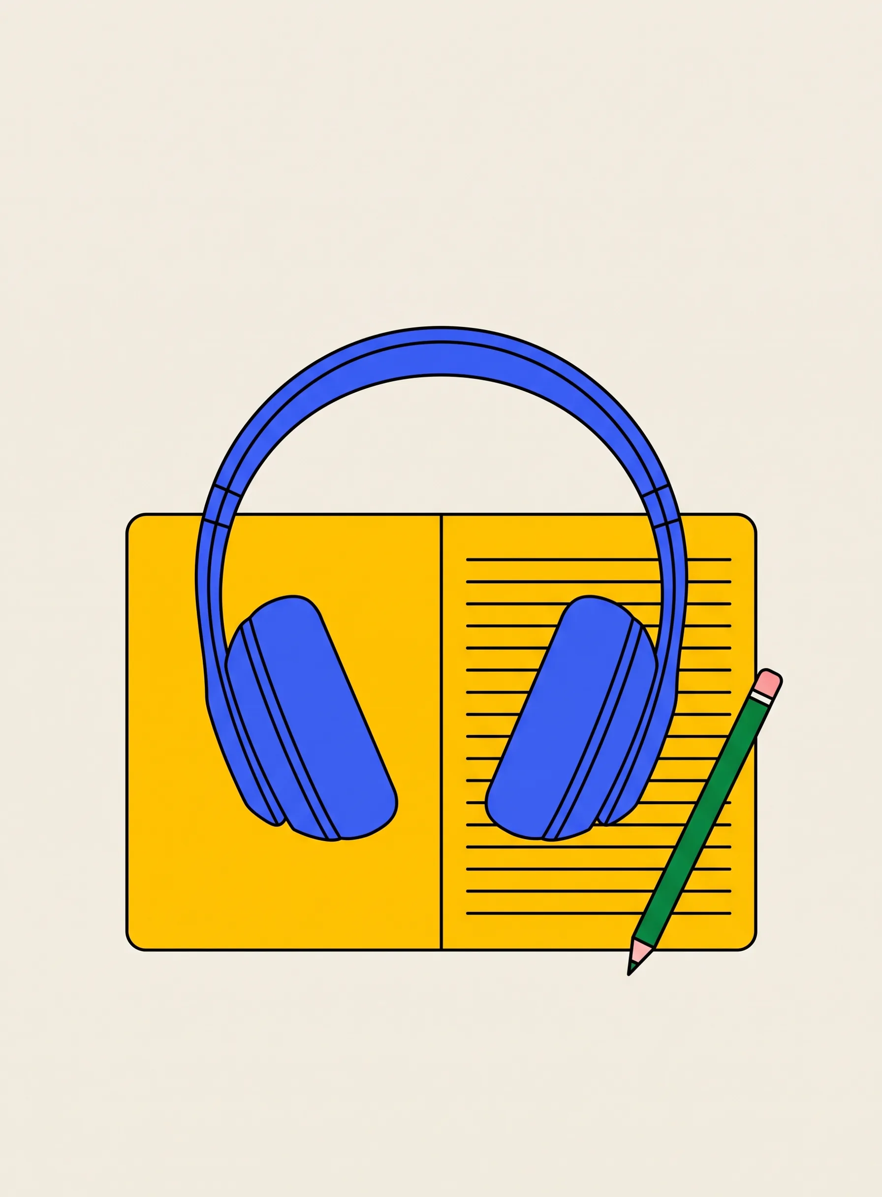 Illustration of cobalt blue over-ear headphones resting on an open yellow notebook with ruled lines and a small green pencil beside it