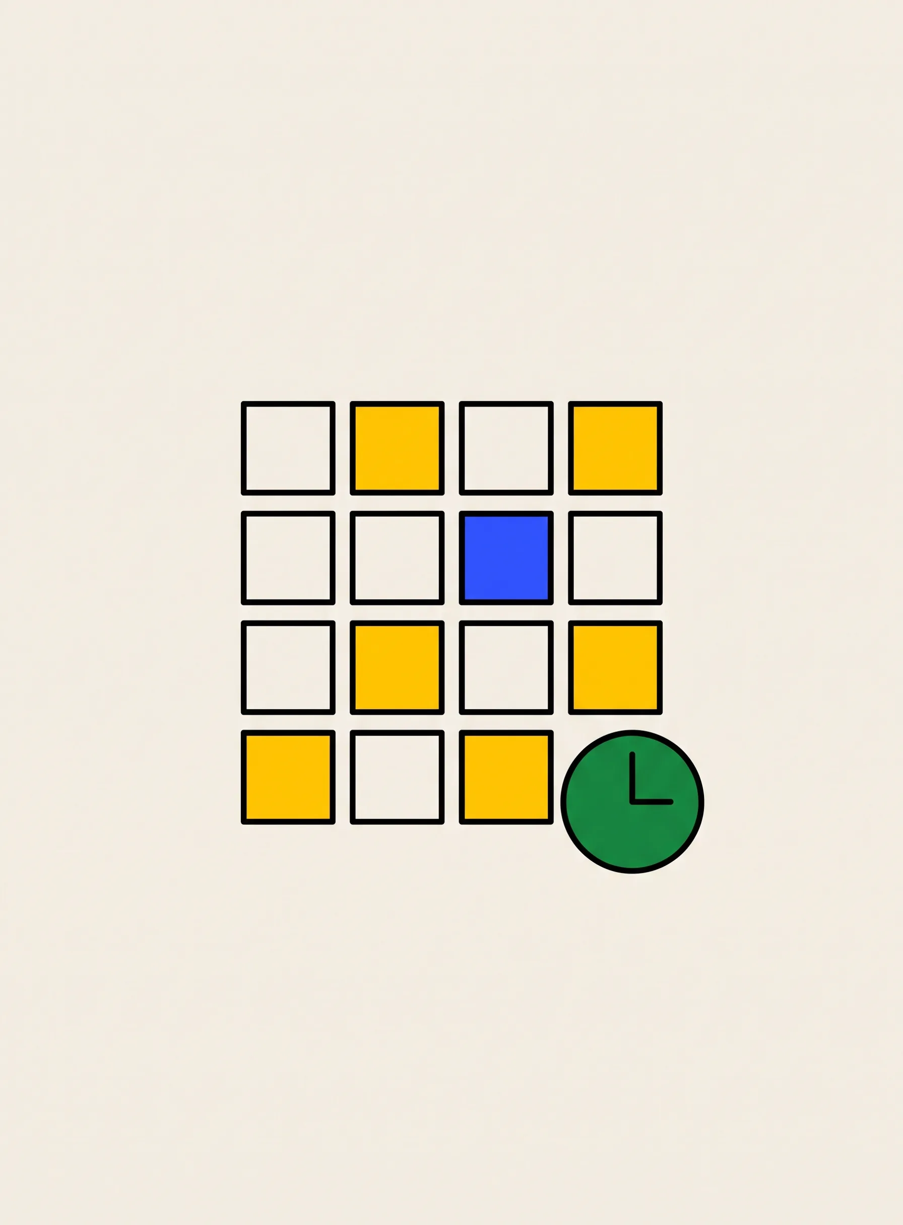 Illustration of a four by four calendar grid of black outlined squares, six filled yellow and one filled cobalt blue, with a green clock face sitting in the lower right cell
