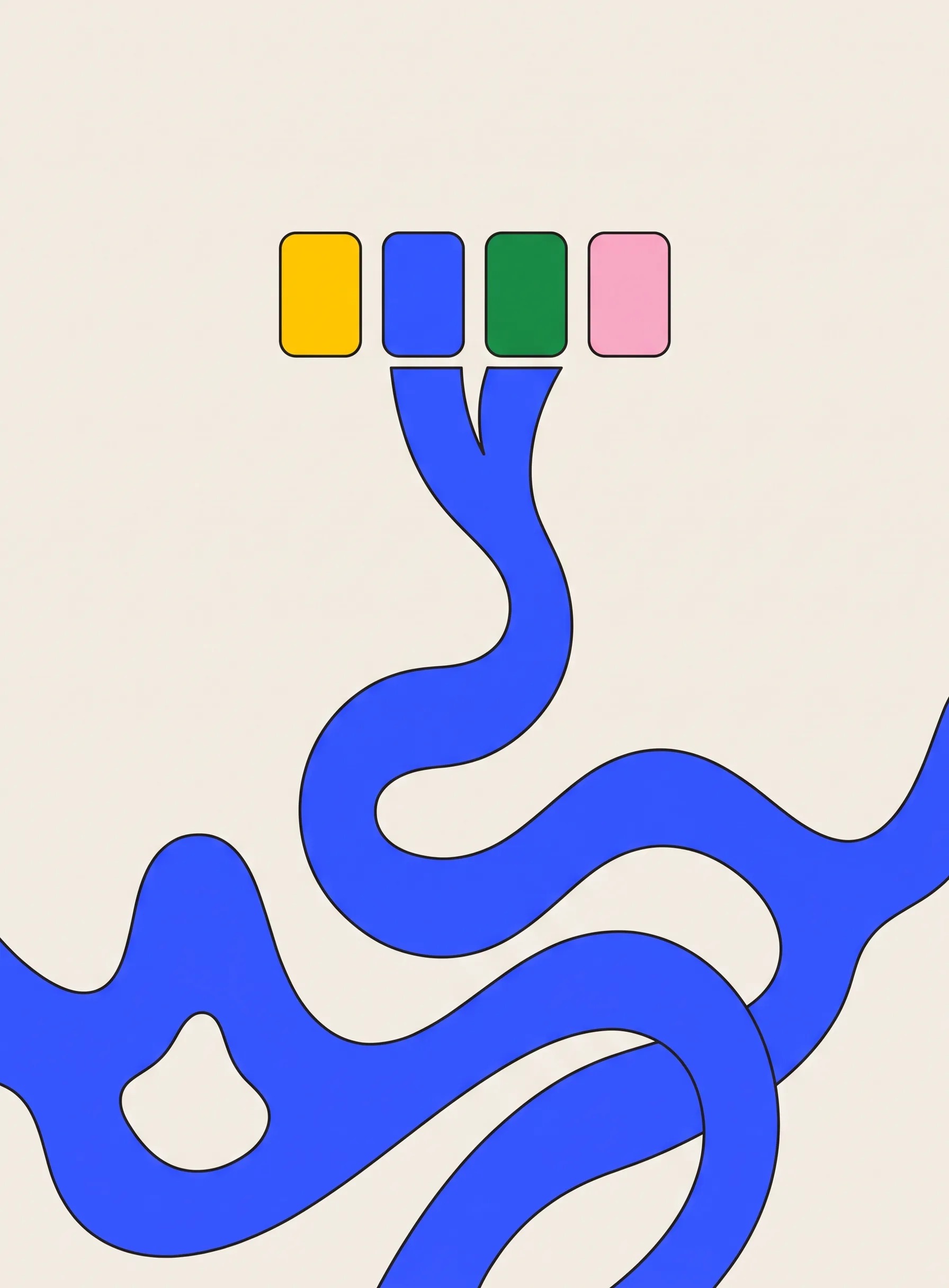 Illustration of four separate coloured blocks at the top flowing downward and merging into one continuous wavy cobalt blue ribbon