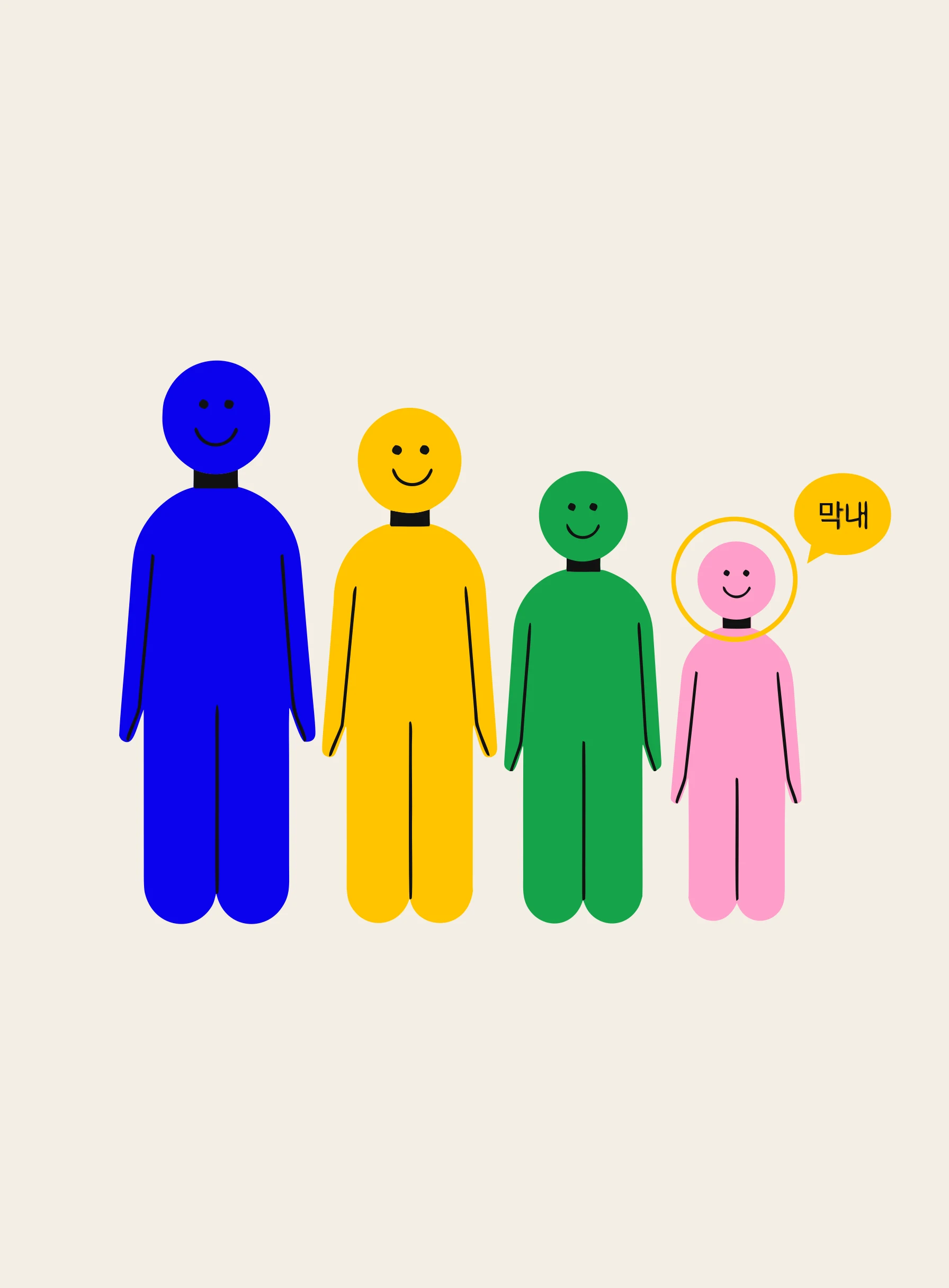 나이순으로 늘어선 사람들의 줄에서 맨 끝의 가장 어린 사람이 강조되어 한국어 단어 막내로 표시된 일러스트