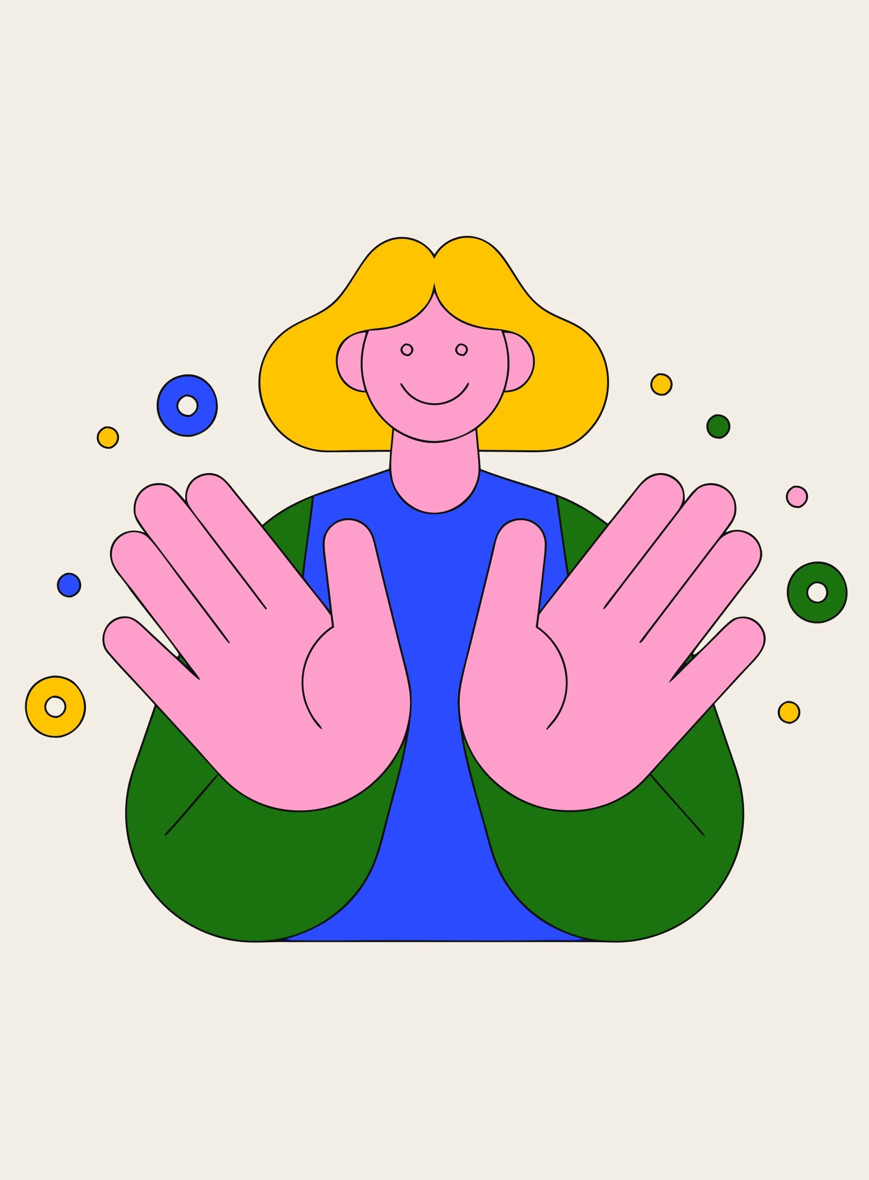 Illustration of a smiling person holding both hands up with fingers spread, counting, with small coloured dots floating around them