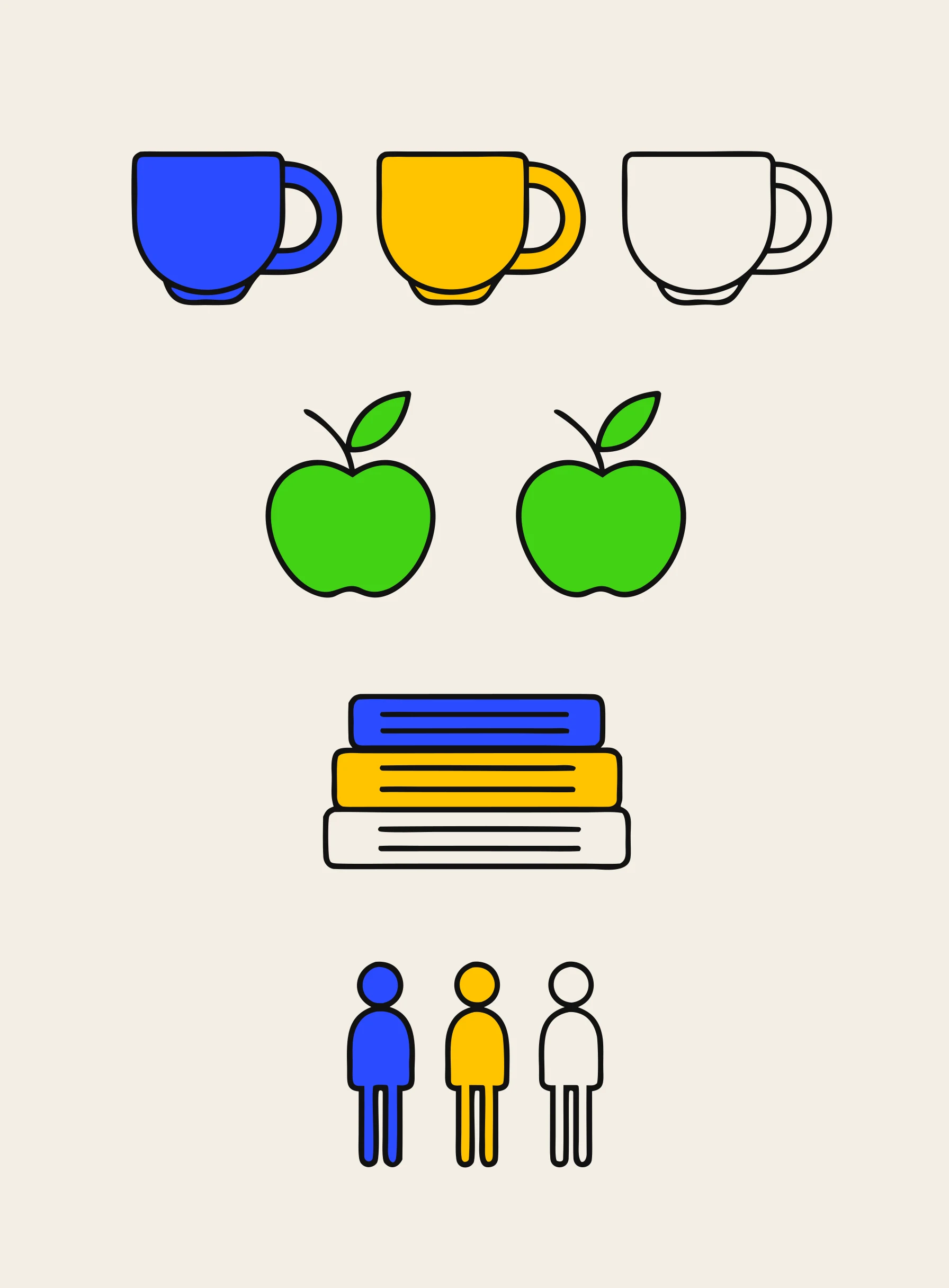 Illustration of three cups, two apples, a stack of three books and three small standing figures