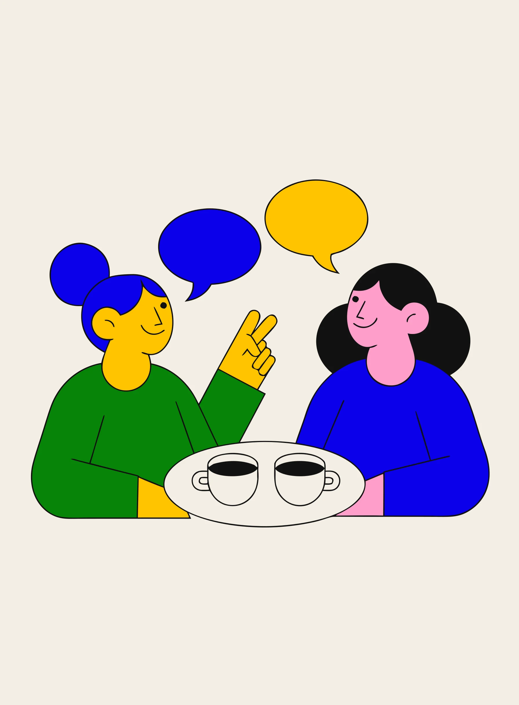 Illustration of two people at a cafe table, one holding up two fingers while ordering, with two empty speech bubbles above them