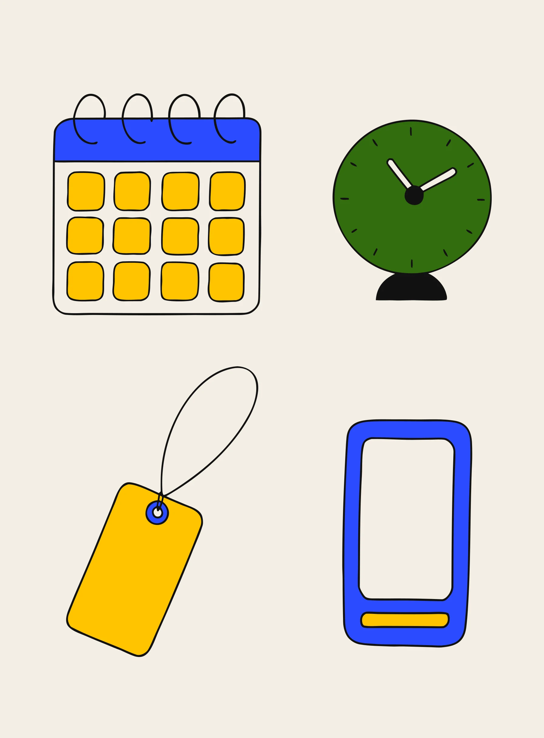 Illustration of a calendar page, a wall clock, a price tag and a smartphone grouped together