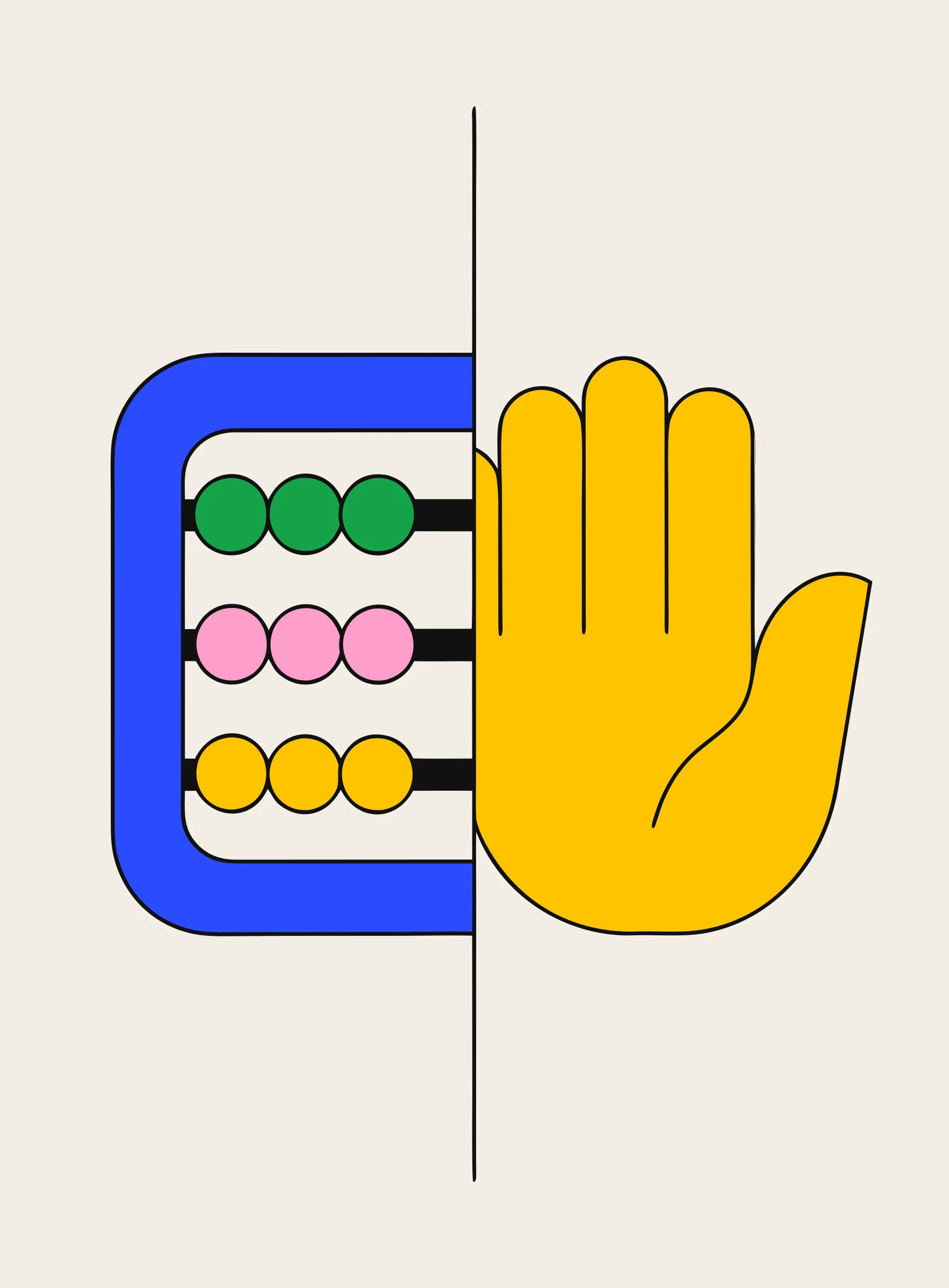 Illustration split down the middle, with a bead abacus on one side and an open hand with fingers spread on the other