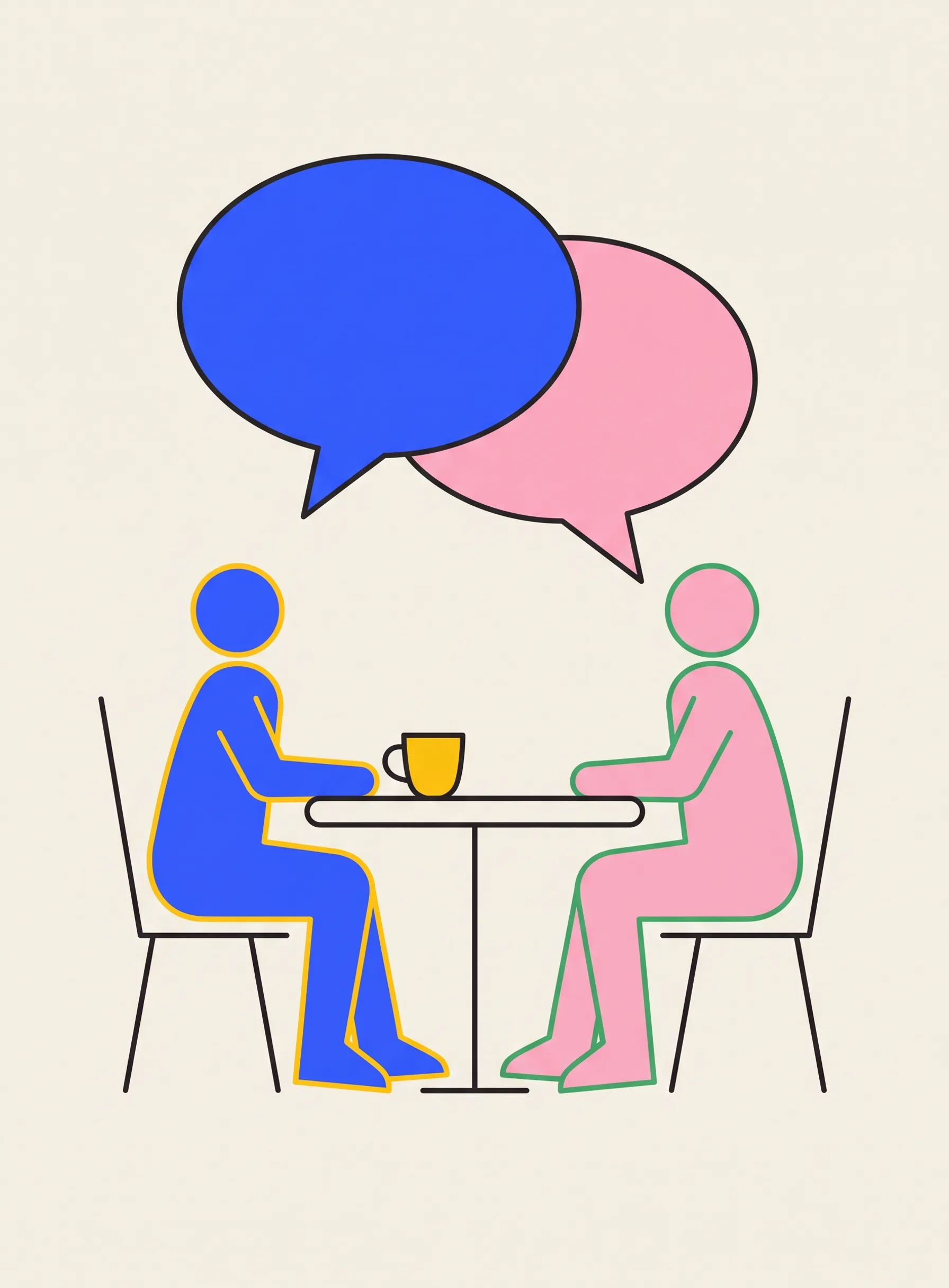 작고 둥근 탁자를 사이에 두고 마주 앉은 두 사람, 탁자 위에는 노란 커피잔이 있고 파란 말풍선과 분홍 말풍선이 위에서 겹쳐 있는 일러스트