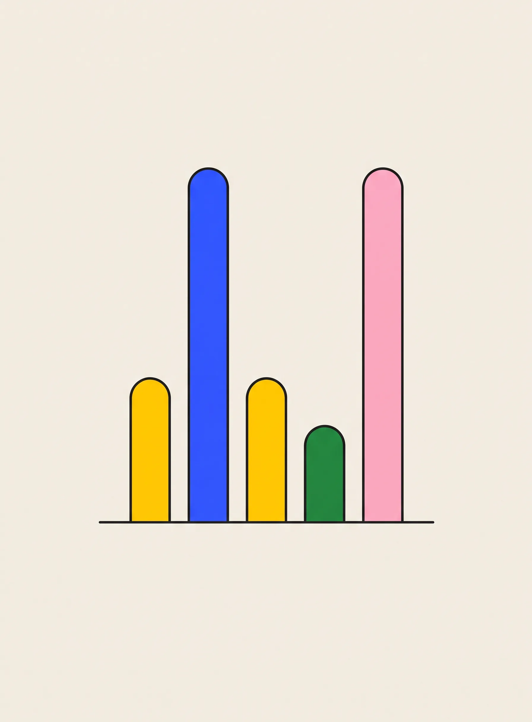 검은 가로선 위에 노랑, 코발트블루, 노랑, 초록, 분홍 순서로 높이가 다른 다섯 개의 세로 막대가 서 있는 일러스트
