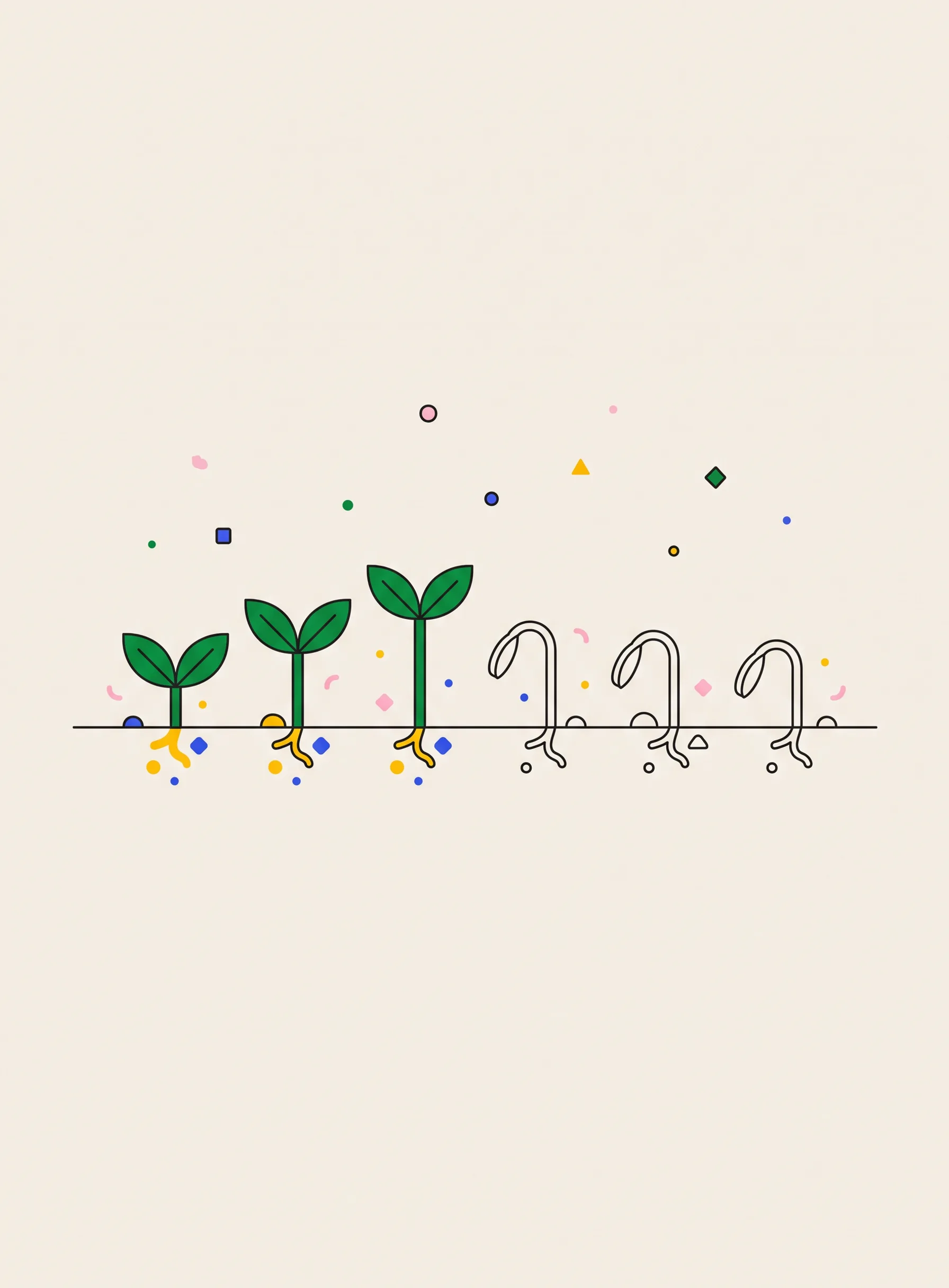Illustration of six small sprouts in a row on a single black ground line across cream space, the left three filled solid green with two leaves each, the right three only thin empty black outlines bent over