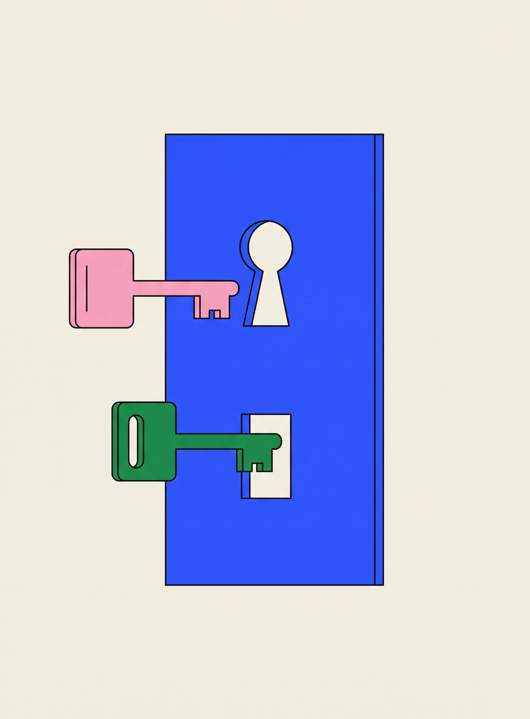 Illustration of a large cobalt blue panel with two keyholes, a pink key floating beside the round keyhole in the wrong shape and unable to enter, and a green key below fitting exactly into a square keyhole