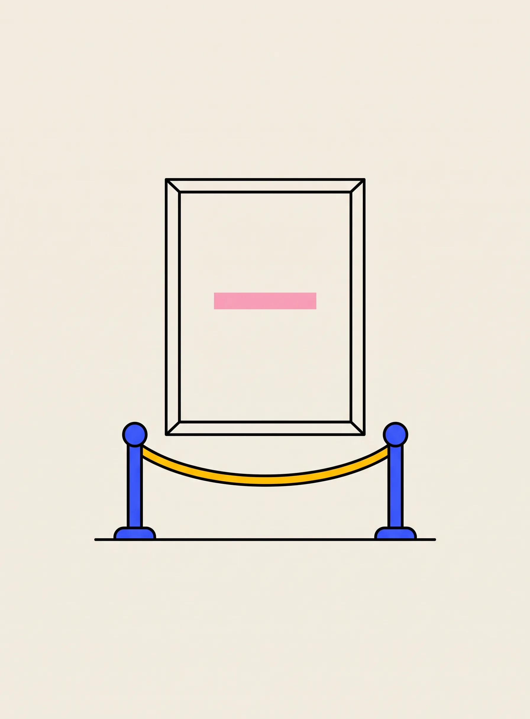 Illustration of a thin black picture frame on a cream wall containing only a single short pink bar, with two cobalt blue posts and a hanging yellow rope barrier set in front of it