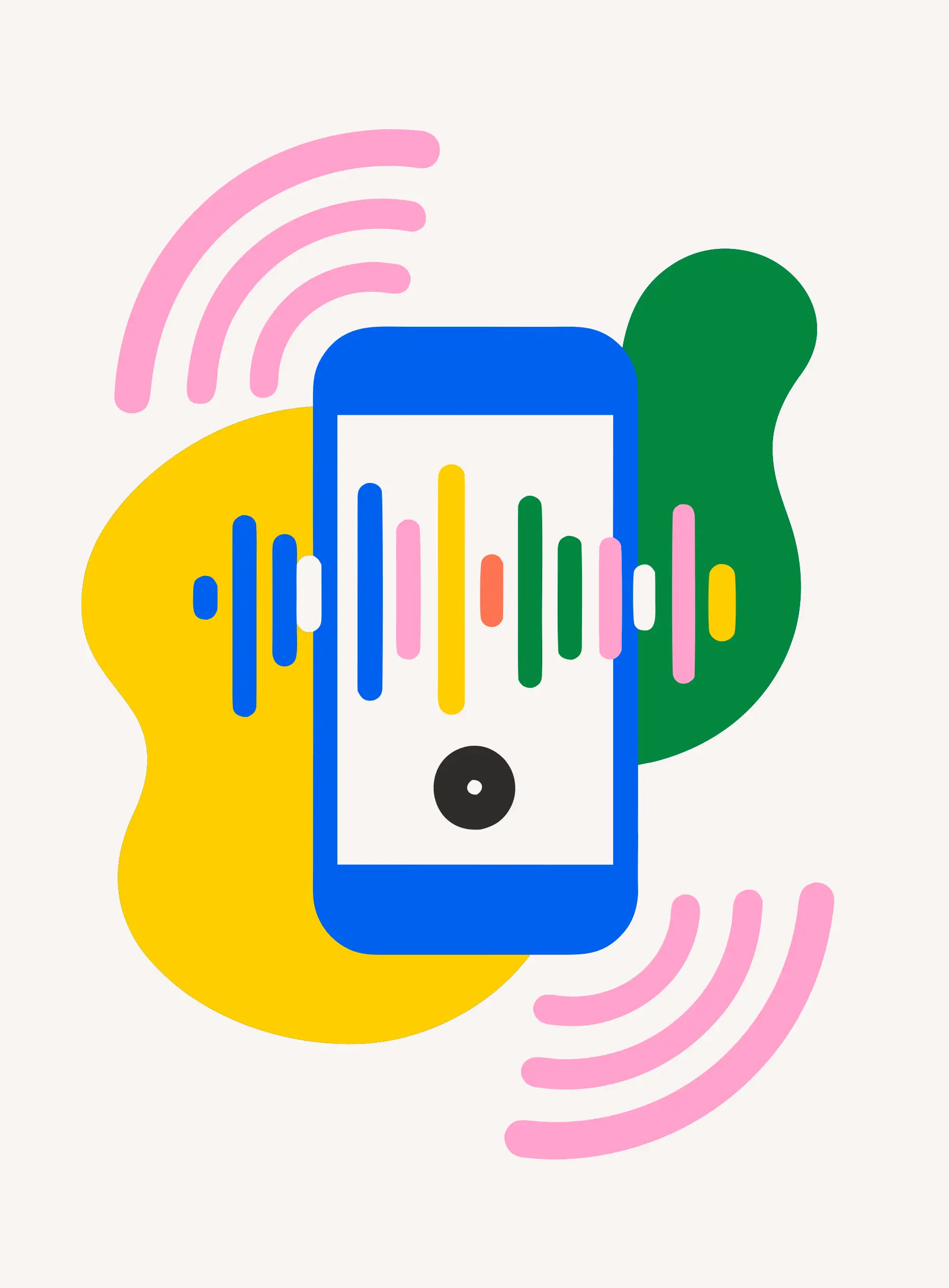 カラフルな音の波とともに、ボイスメモを録音するスマホのイラスト