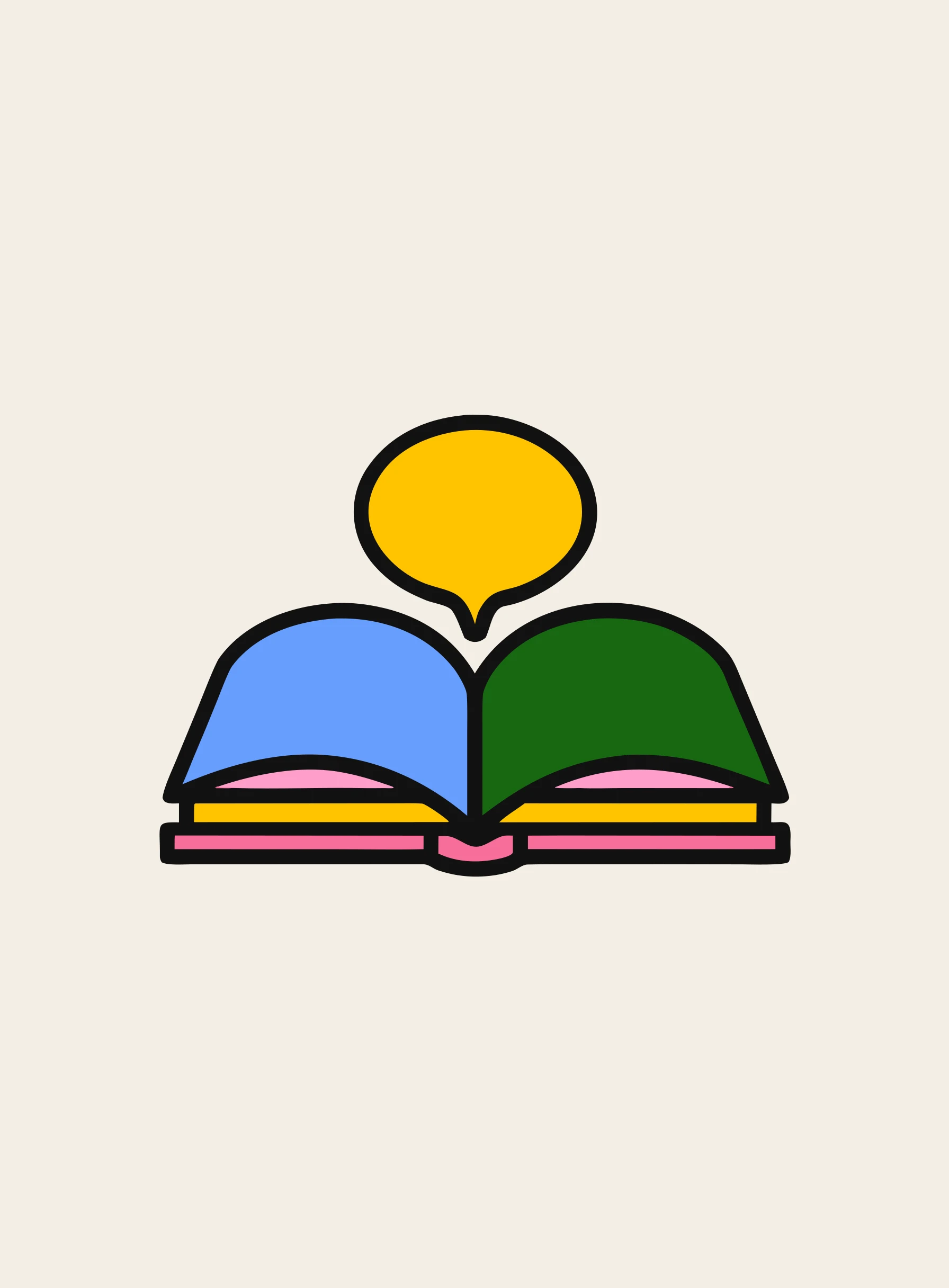 勉強を会話に変えることを表した、吹き出しが立ちのぼる開いた本のイラスト