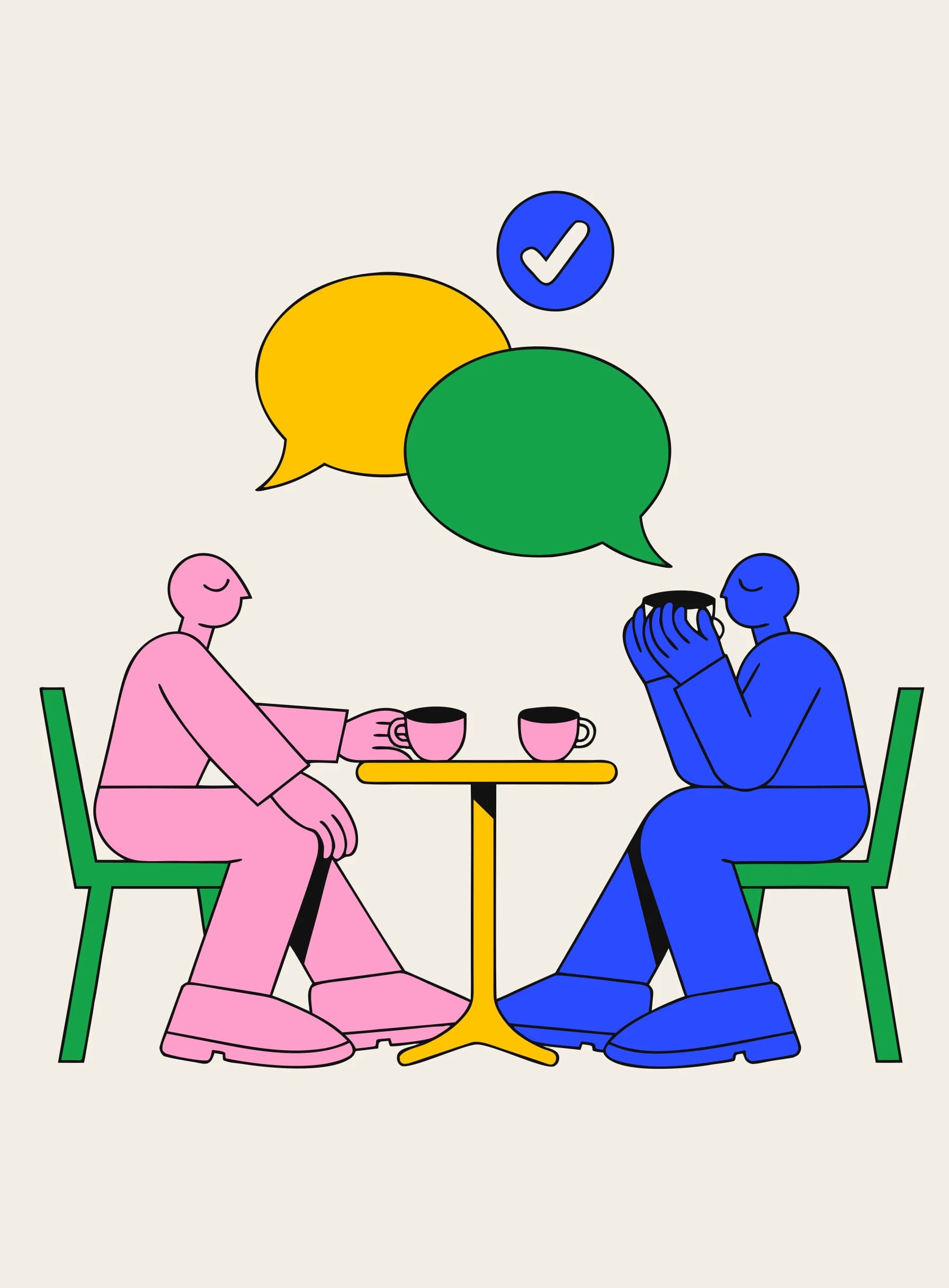 重なり合う吹き出しと認証のチェックマークとともに、コーヒーを片手にリラックスして会話する2人のイラスト