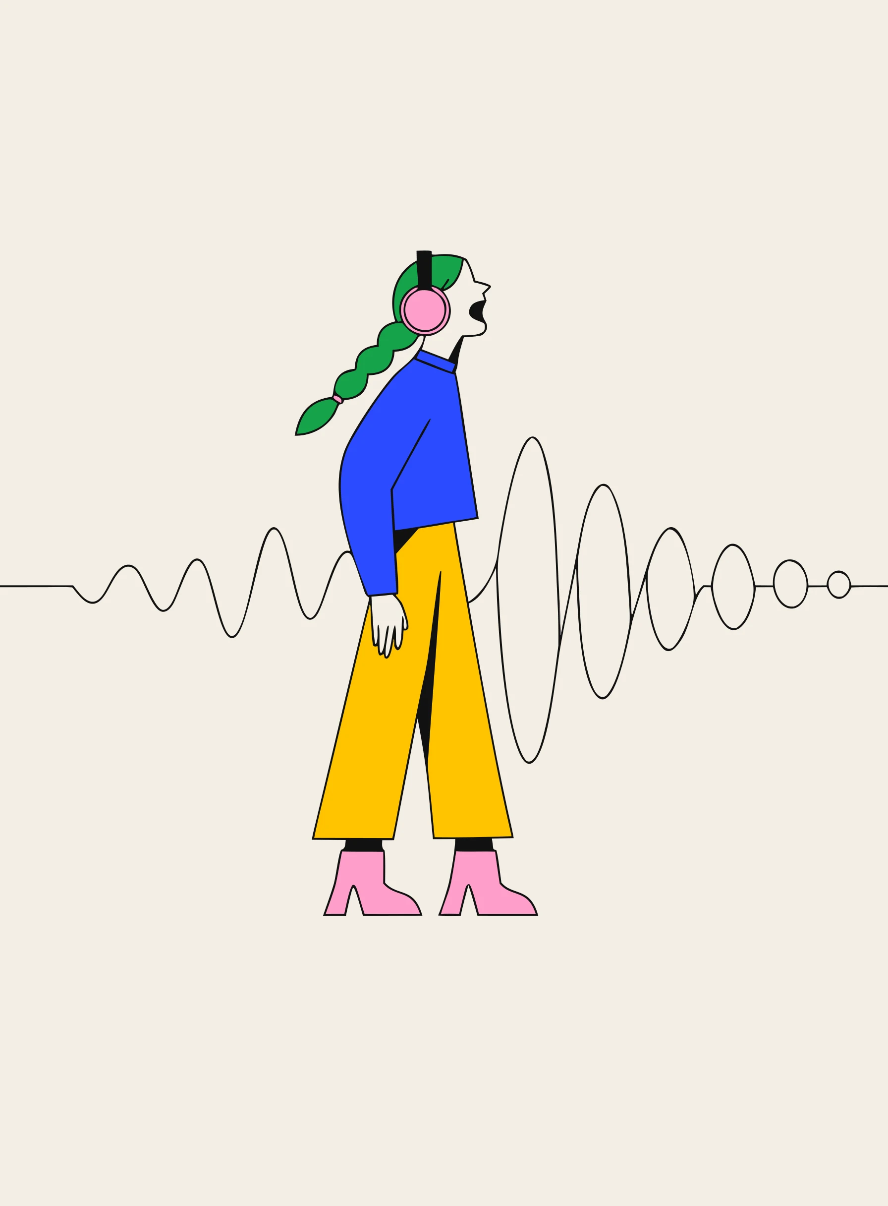 音の波の少し後ろでヘッドフォンをつけて話す人物と、その音を追いかけるように連なる反響した吹き出しを描いたイラスト